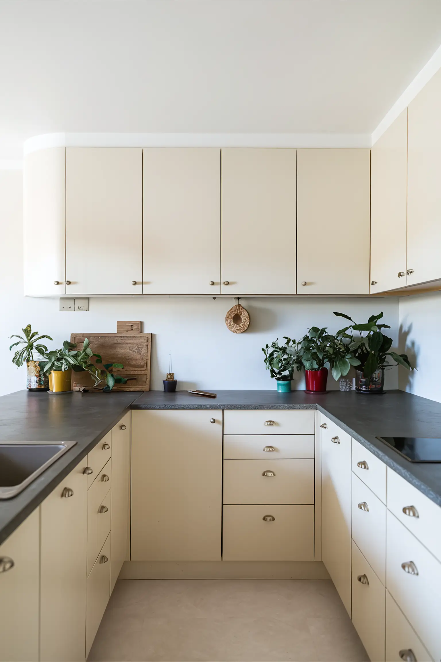 Minimalistic budget-friendly kitchen makeover with painted cabinets and DIY decor.