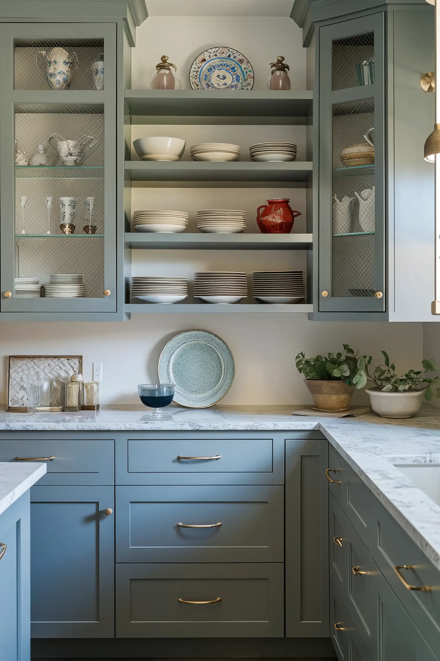 Budget-friendly kitchen remodel with repainted cabinets, open shelving, and updated hardware.
