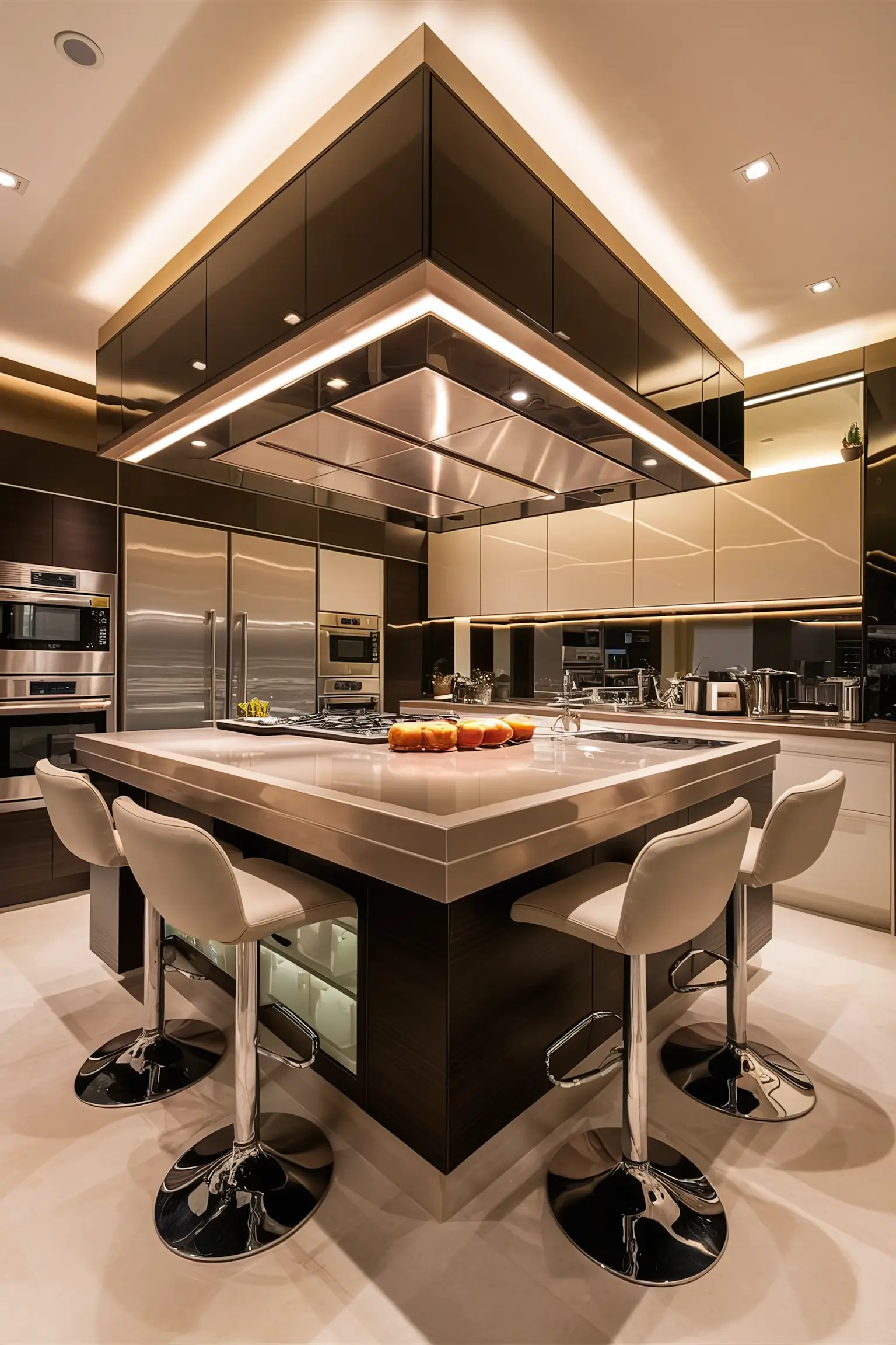 Modern kitchen with a large island featuring sleek countertops, built-in storage, and stylish bar stools.