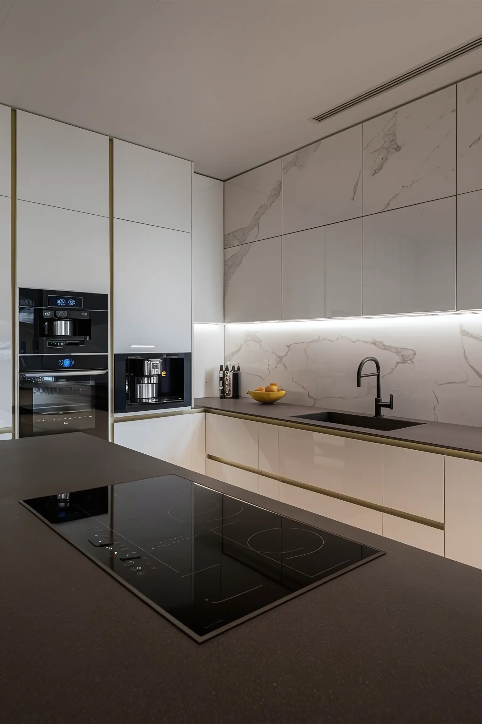 Modern kitchen with minimalist design elements, high-tech appliances, and sleek finishes.
