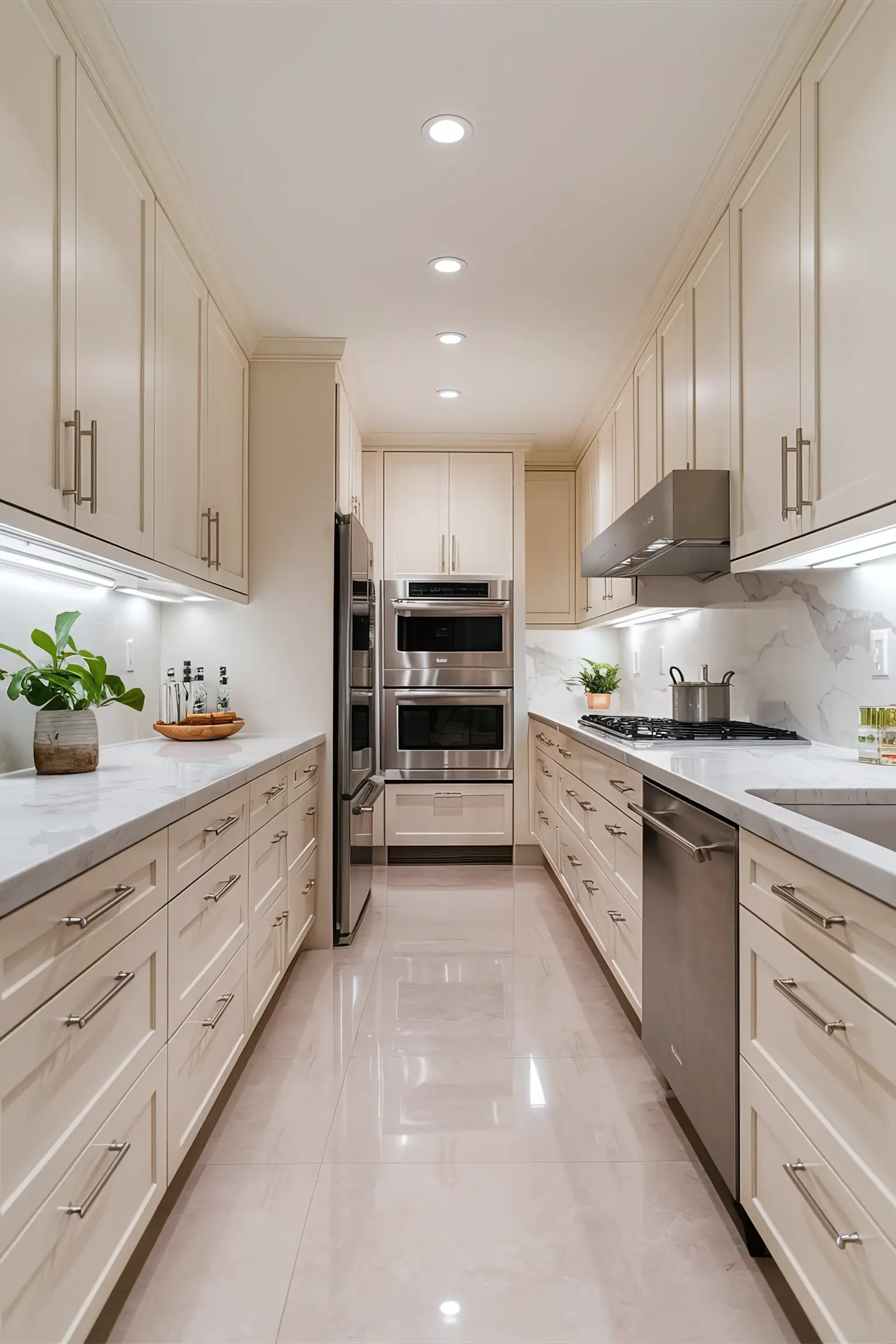 Kitchen with elegant white cabinets, marble countertops, and stainless steel appliances.