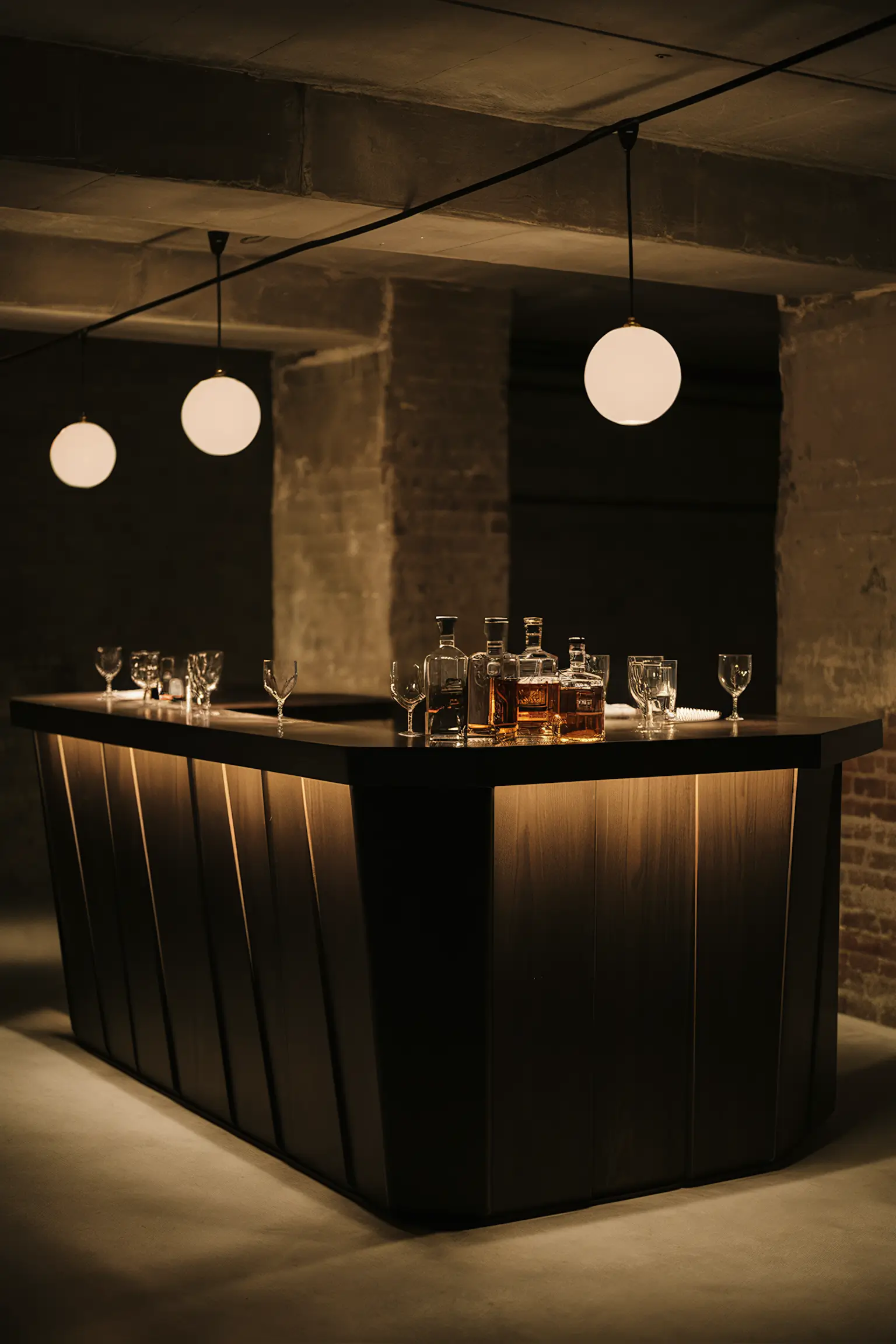 Minimalistic basement bar with stylish counter and ambient lighting.