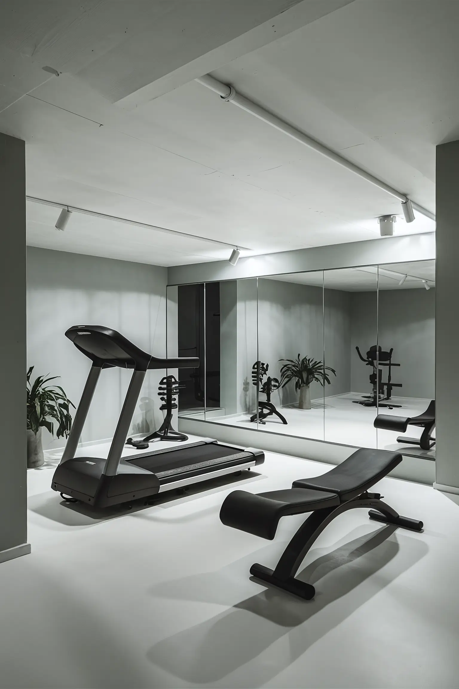Minimalistic basement gym with modern fitness equipment and motivational wall art.