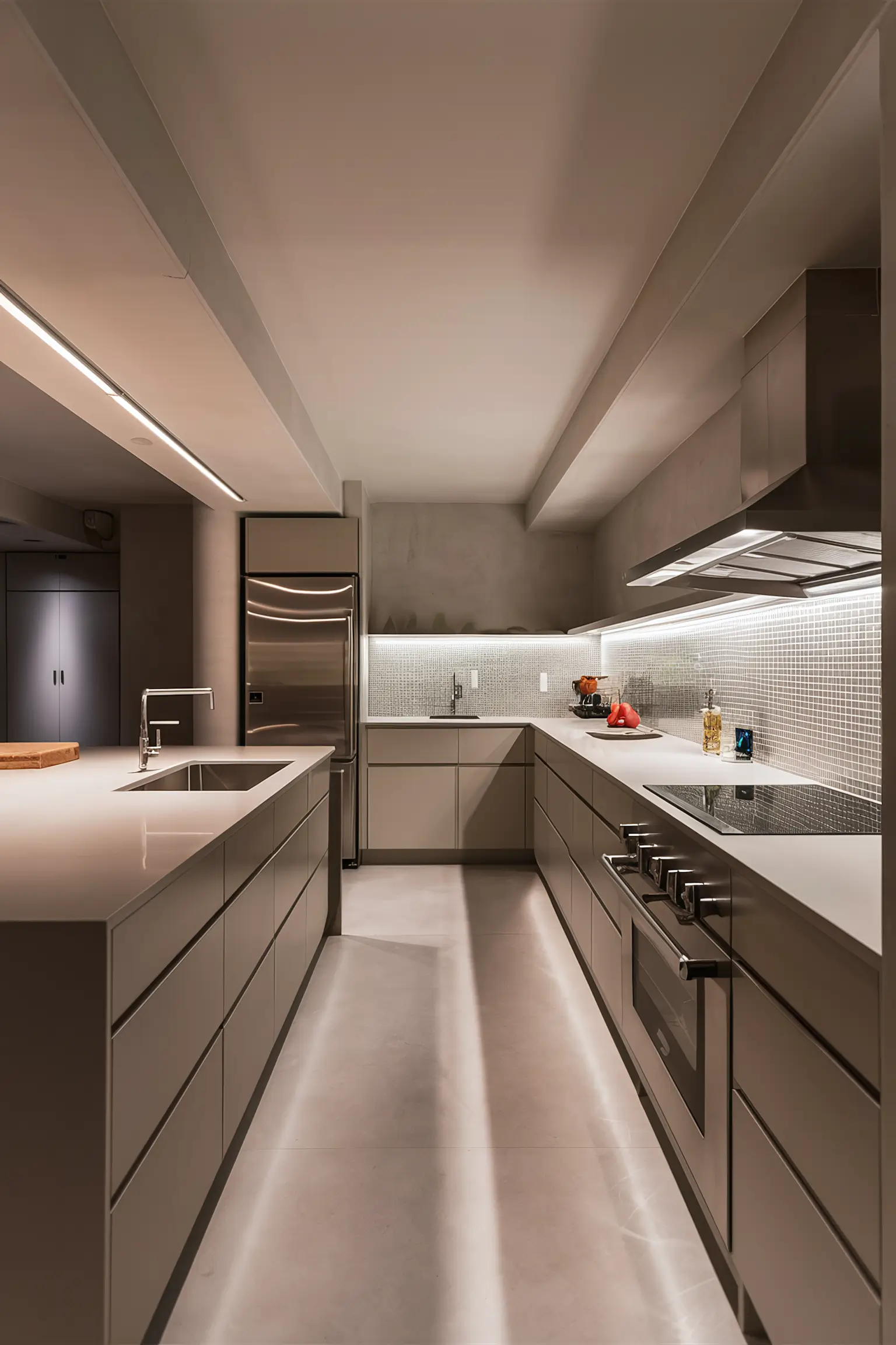 Minimalistic basement kitchen with sleek countertops and stainless steel appliances.