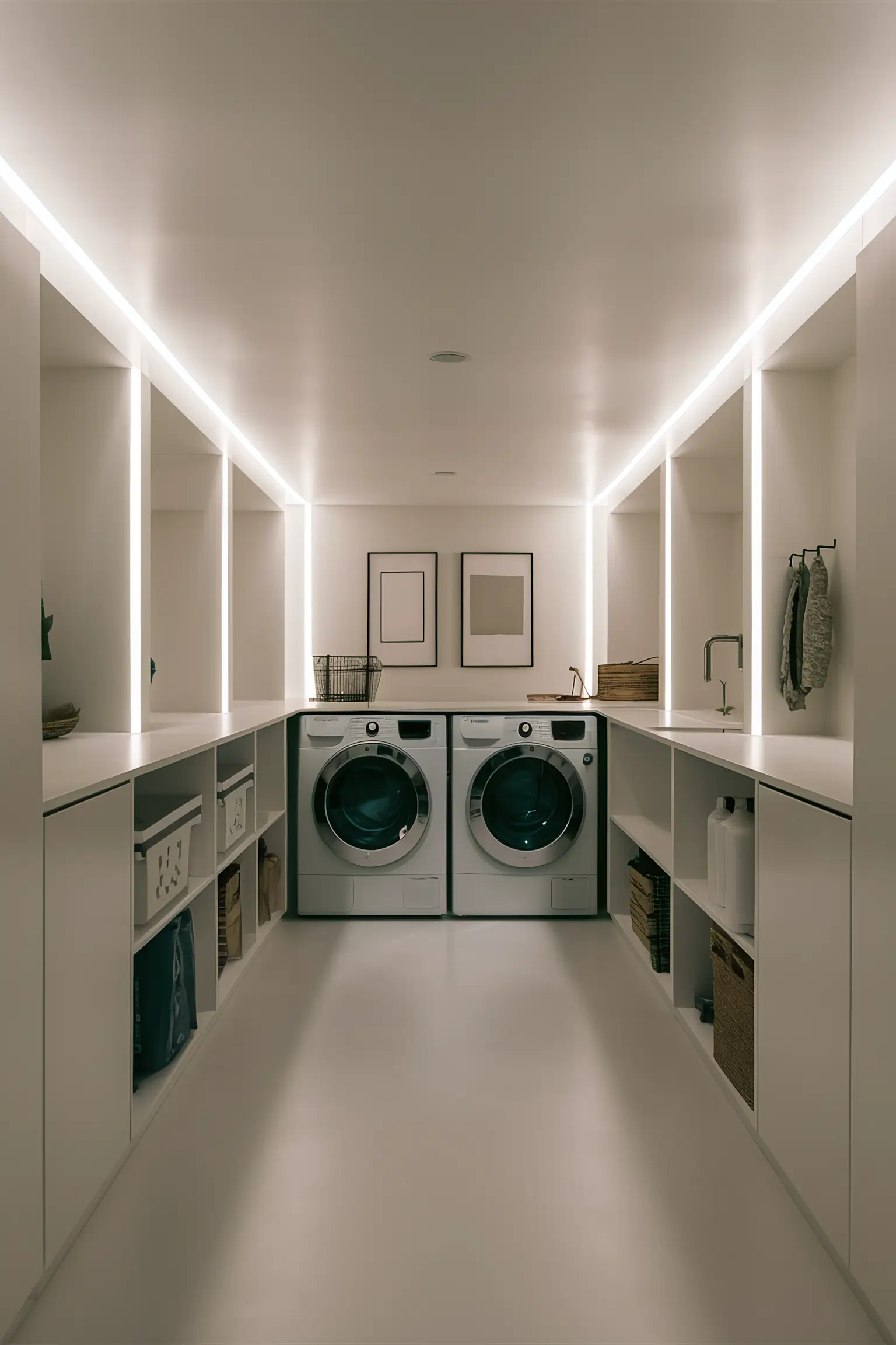Minimalistic basement laundry room with modern appliances and organized storage.