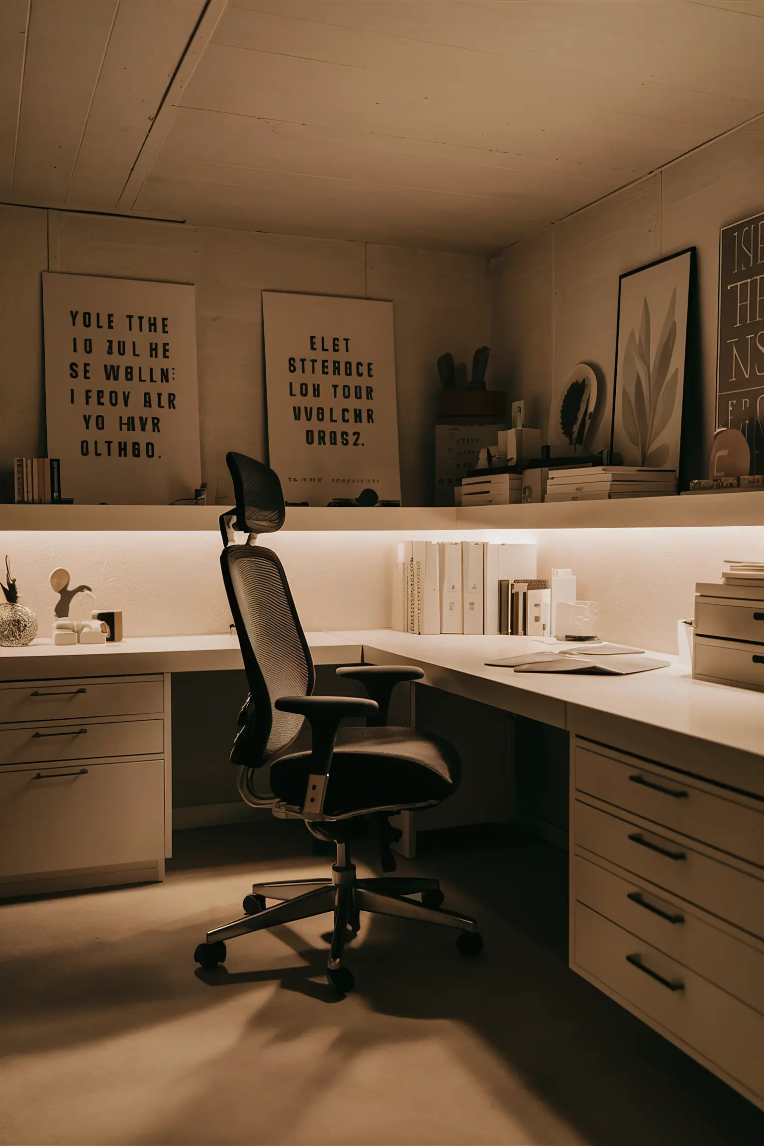 Minimalistic basement office with ergonomic furniture and motivational decor.