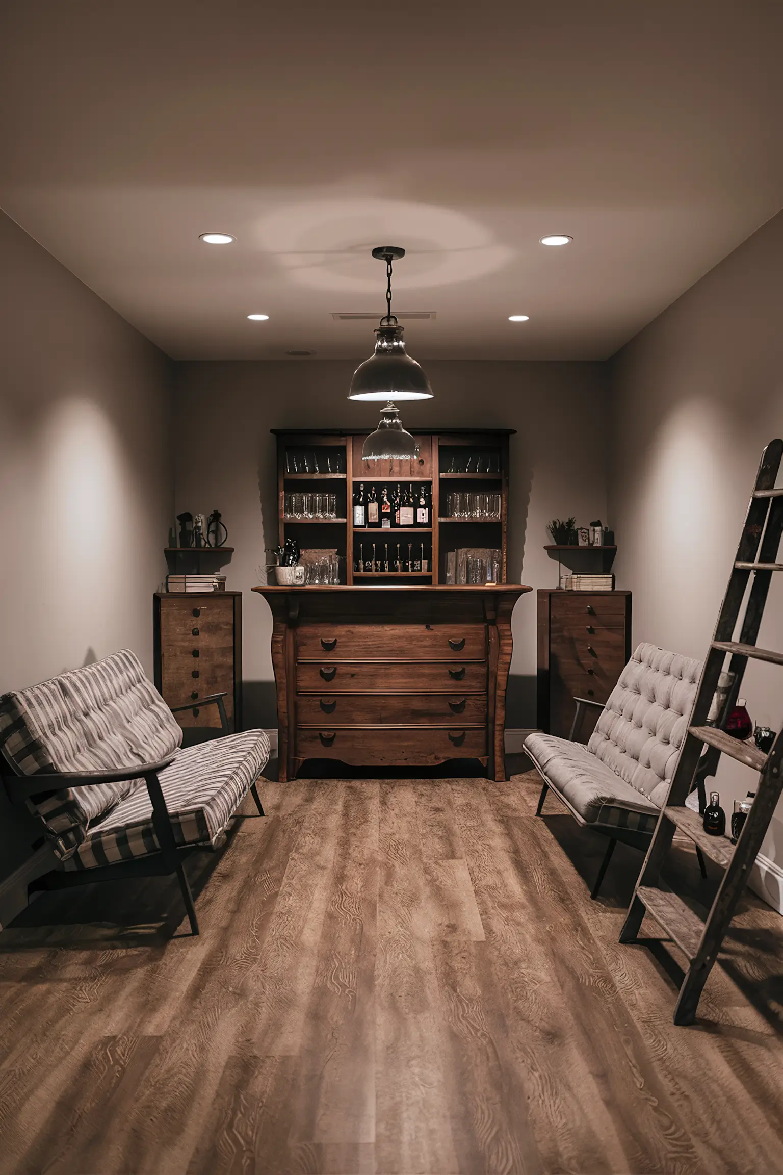 Minimalistic budget-friendly basement remodel with DIY decor and repurposed furniture.