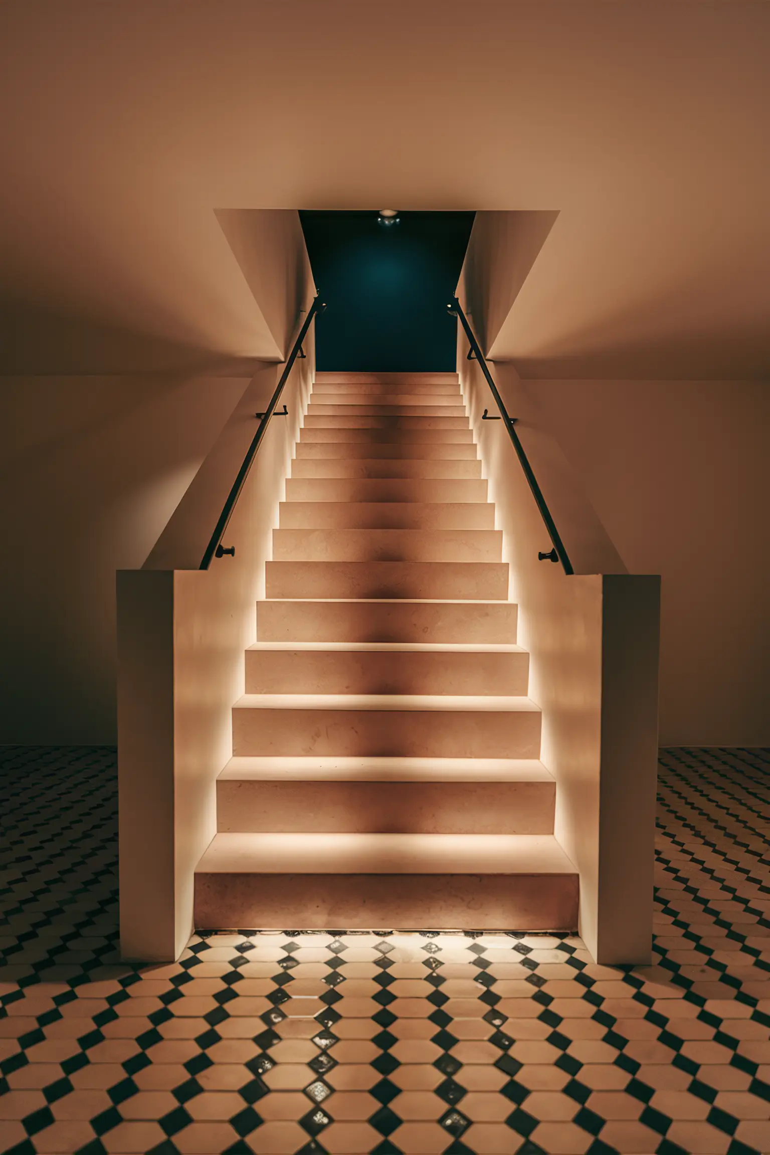 Minimalistic basement stairs with creative flooring.
