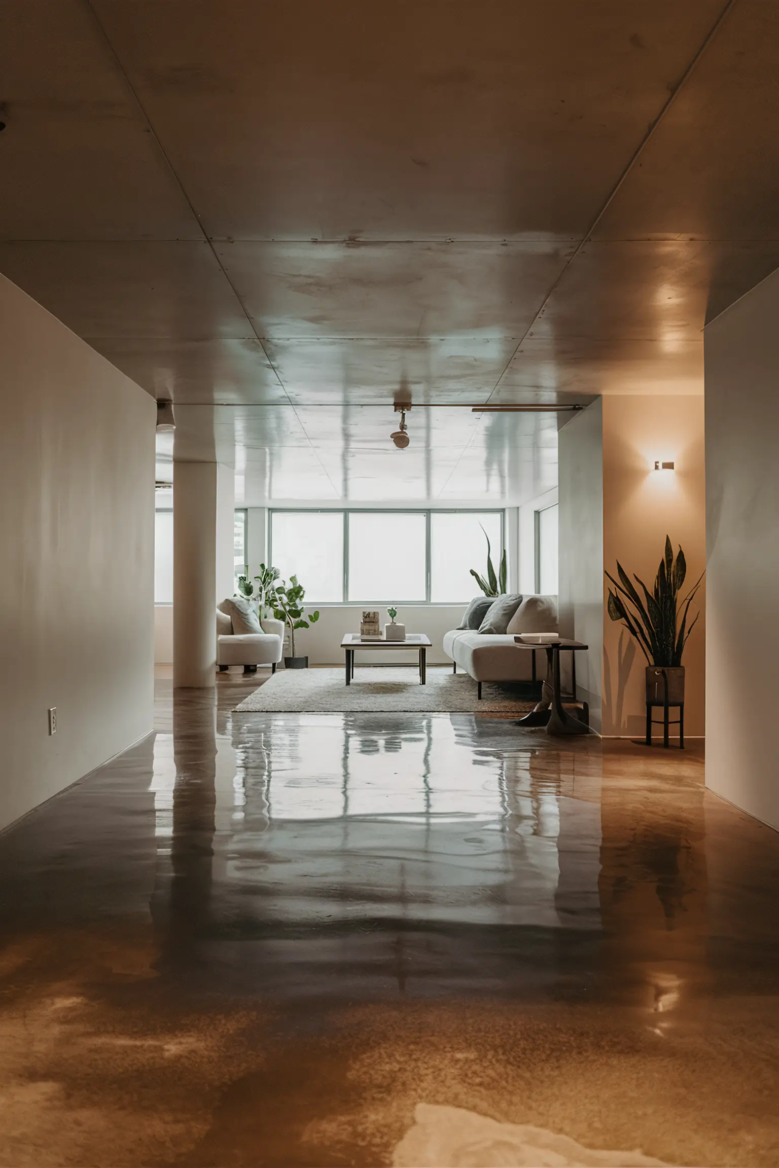 Minimalistic basement with polished concrete flooring.