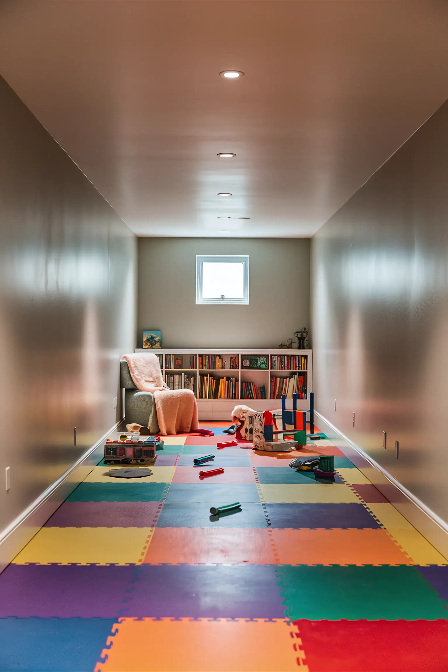 Minimalistic basement playroom with colorful foam mat flooring.