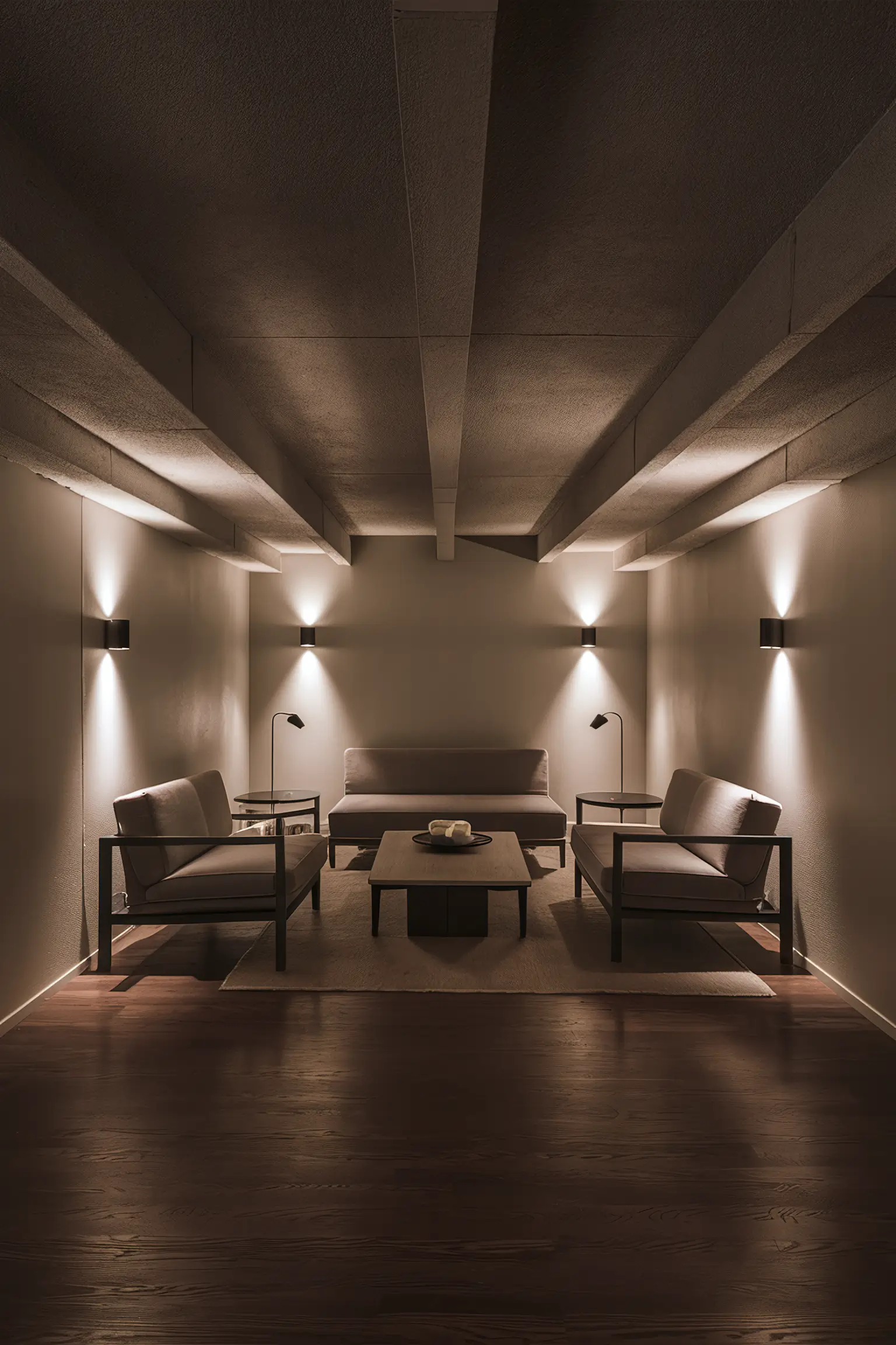 Minimalistic basement with low ceilings featuring strategic lighting and low-profile furniture.