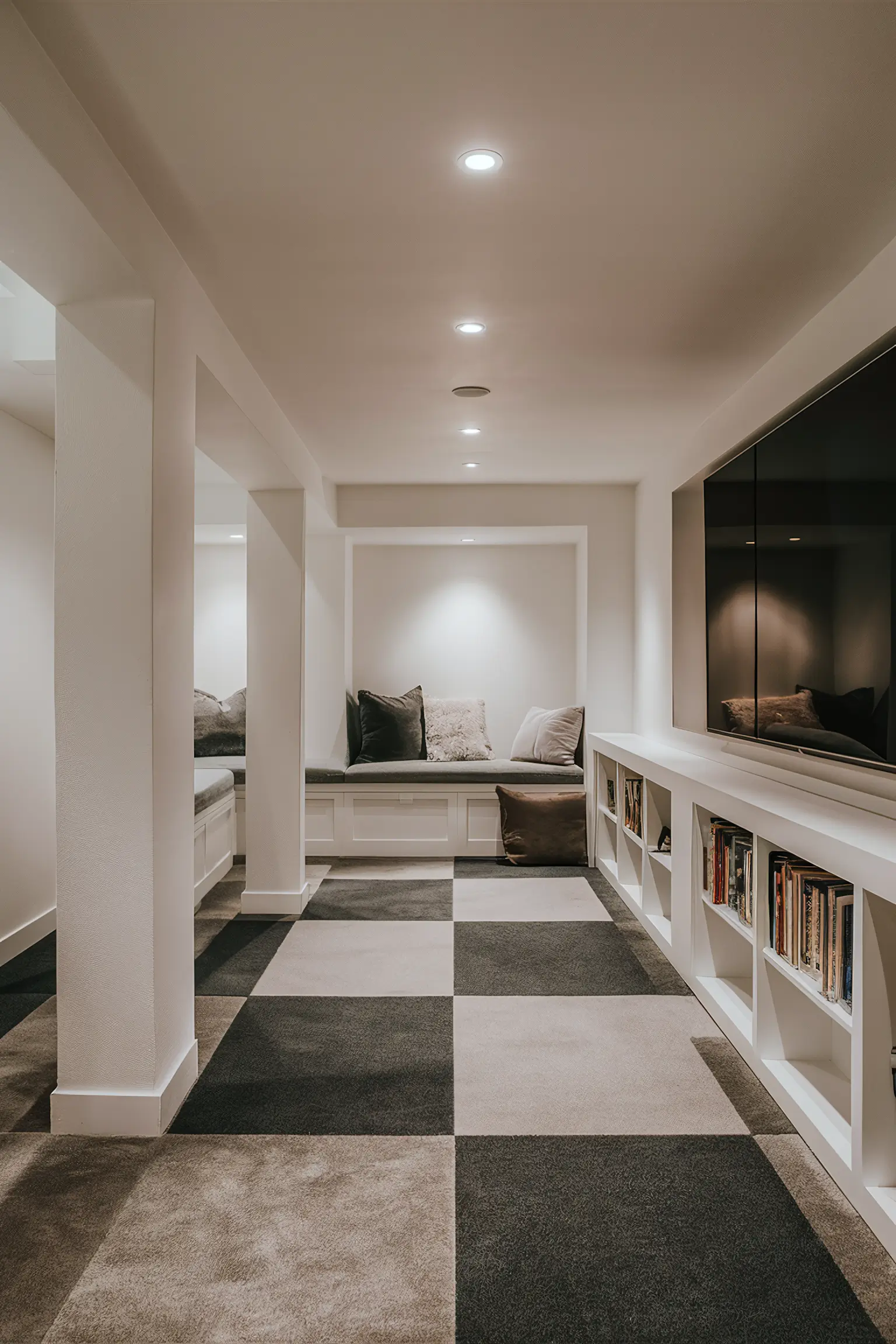 Minimalistic basement with comfortable and durable carpet tiles