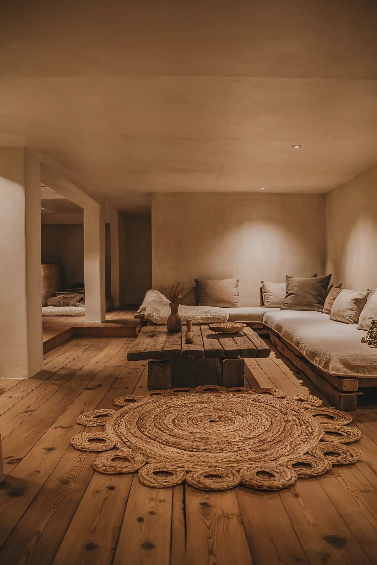 Minimalistic basement with warm natural wood flooring.