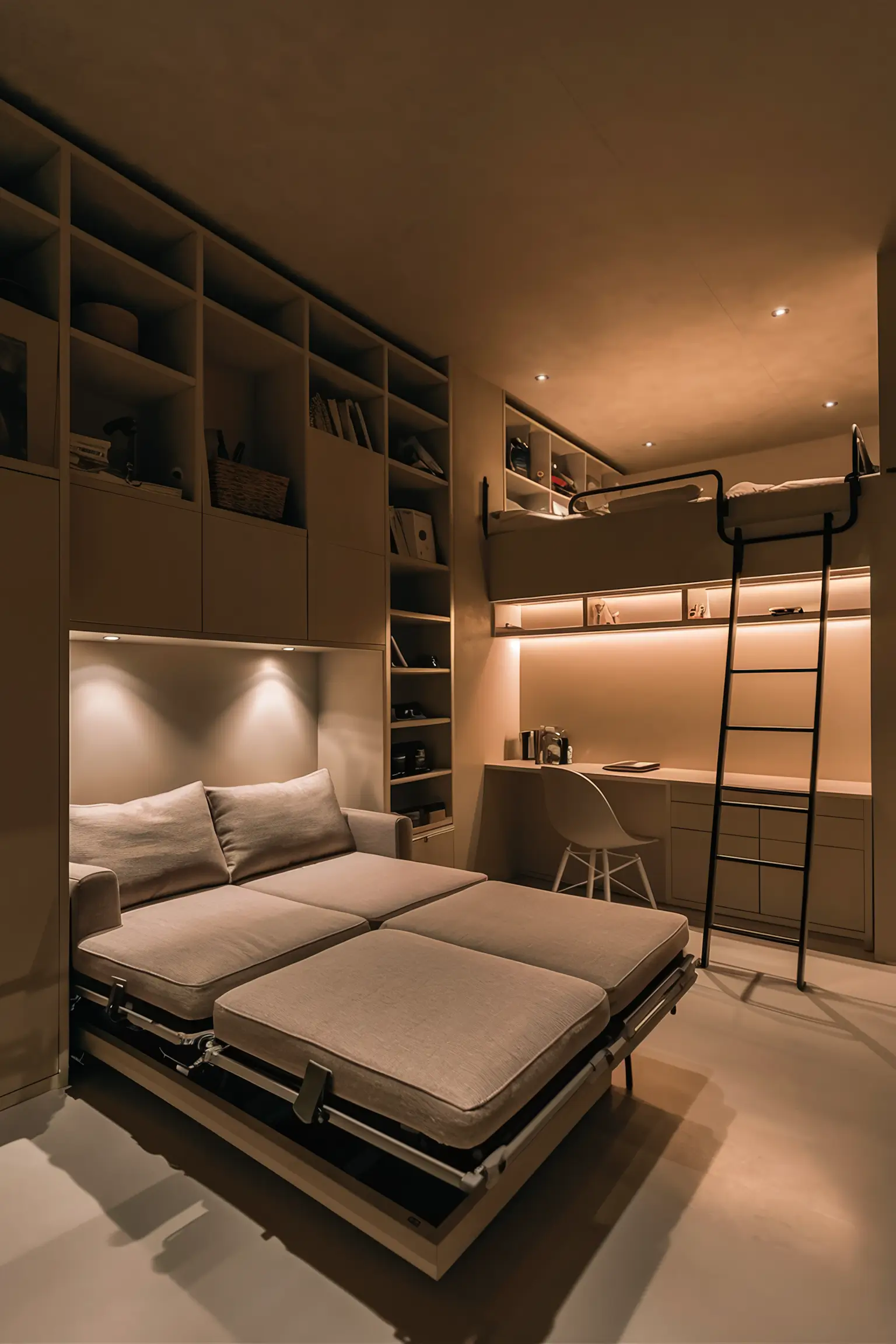 Minimalistic small basement with multifunctional furniture and smart storage.