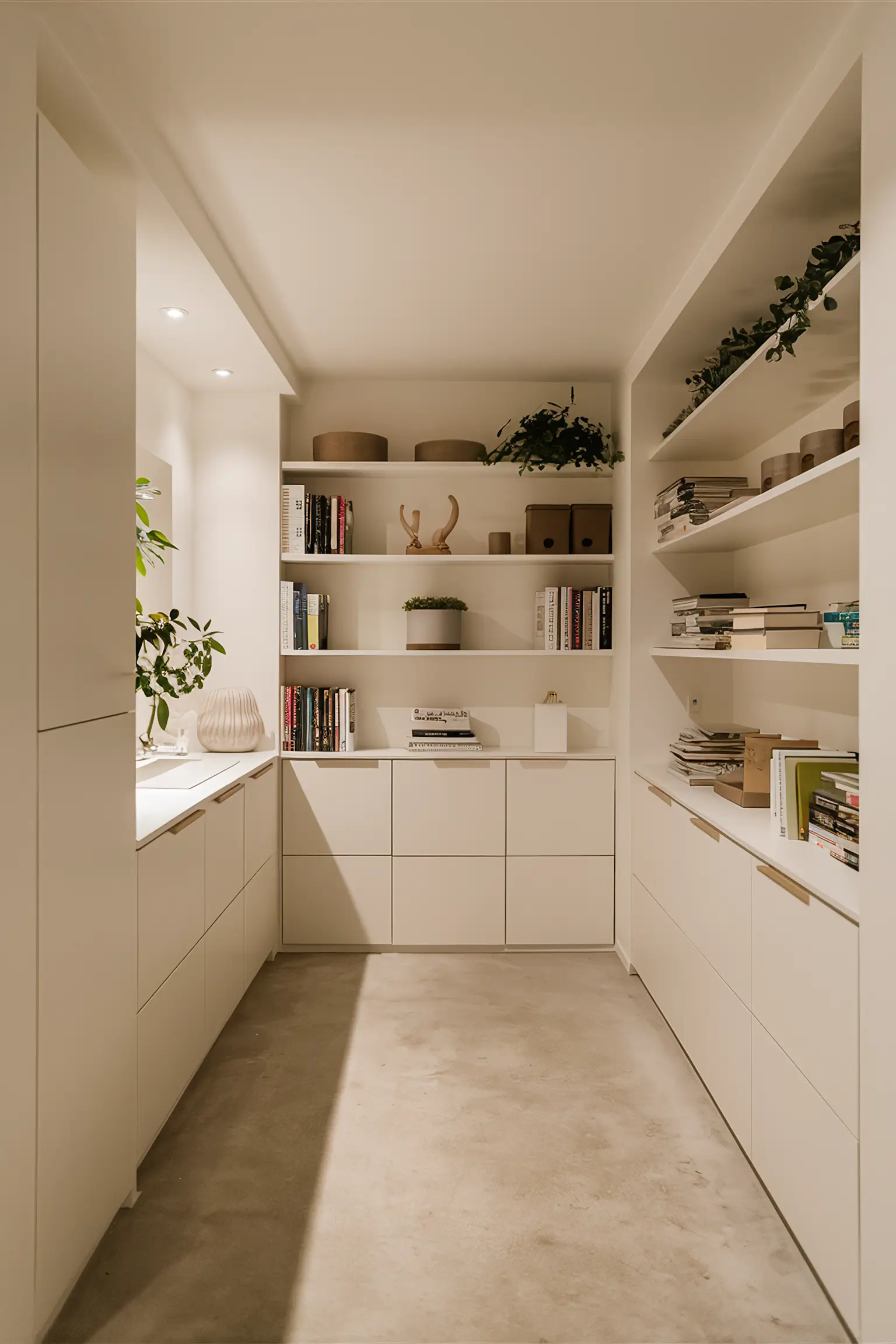 Minimalistic basement with built-in shelves and stylish organizers.