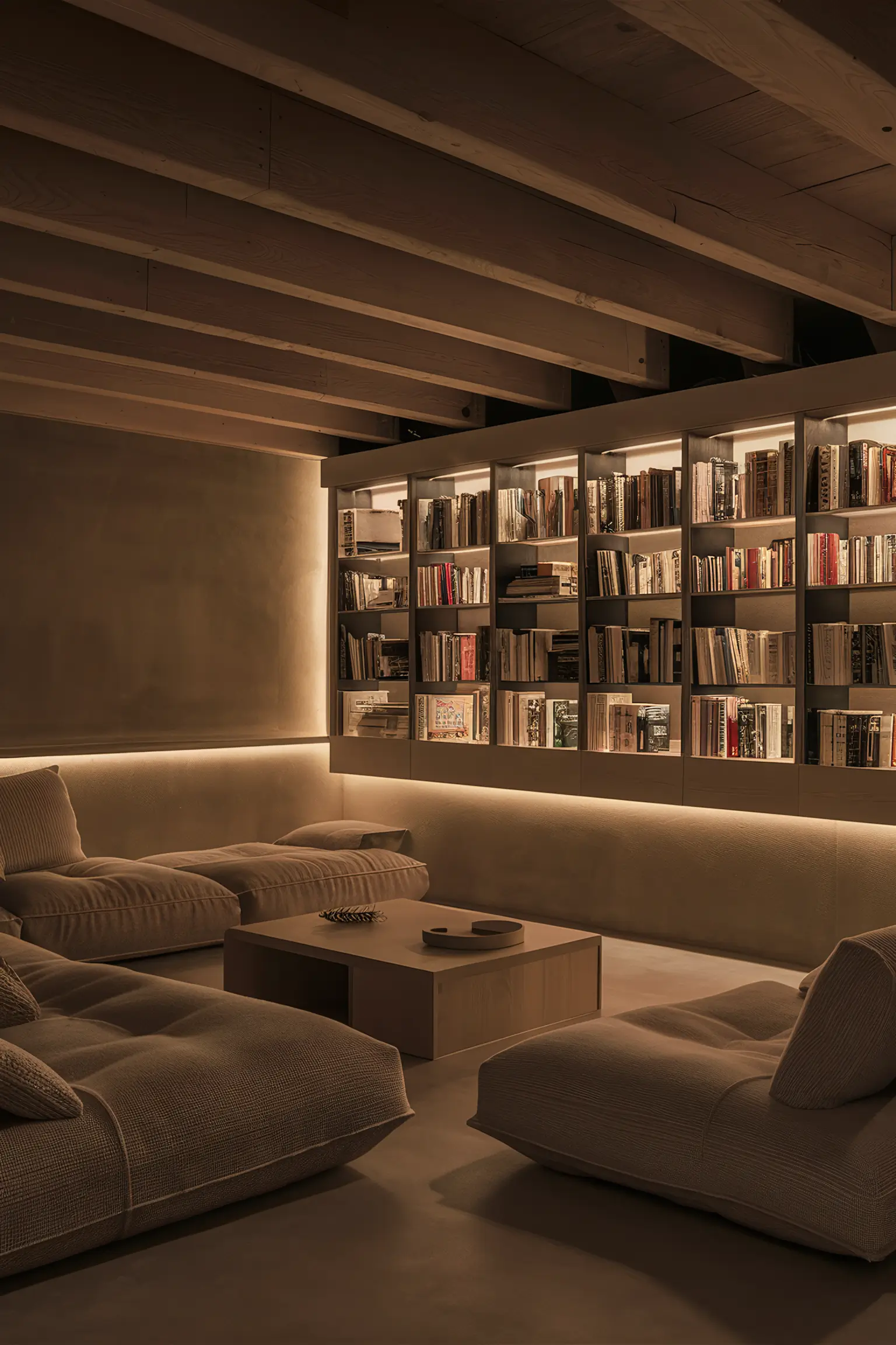 Cozy basement with a low ceiling, smart lighting, and low-profile furniture.