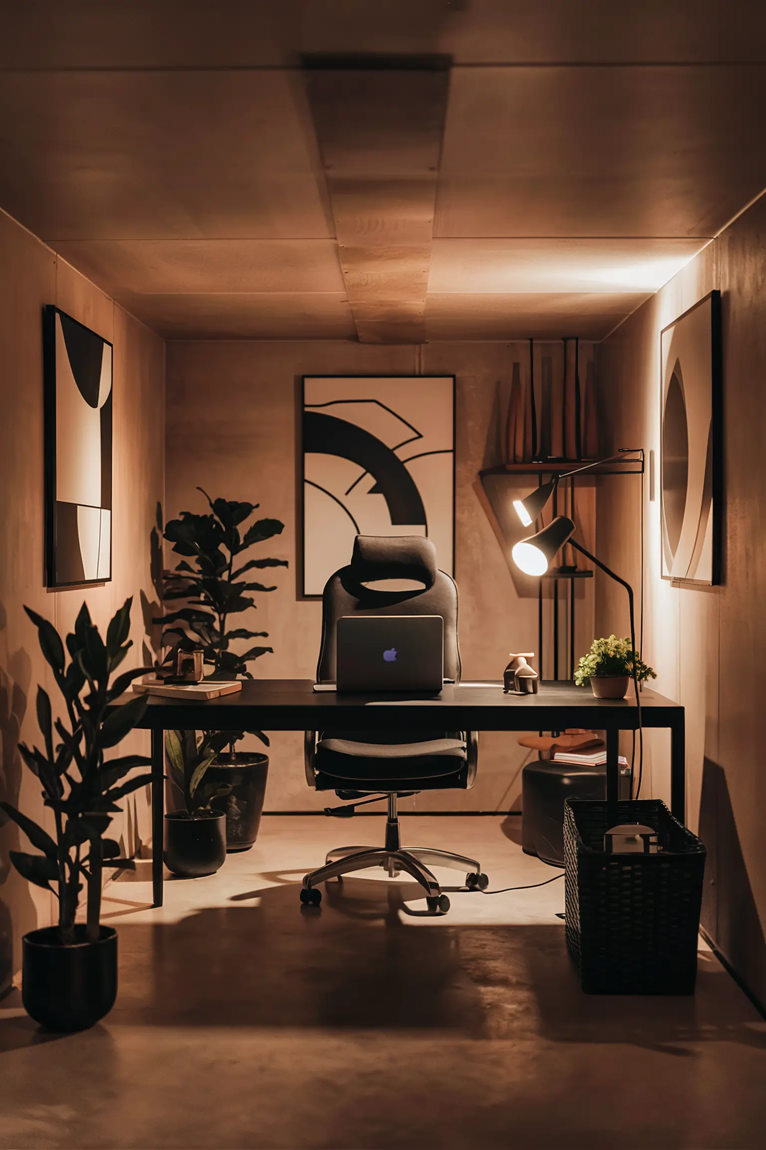 Chic basement office with modern furniture and elegant decor.