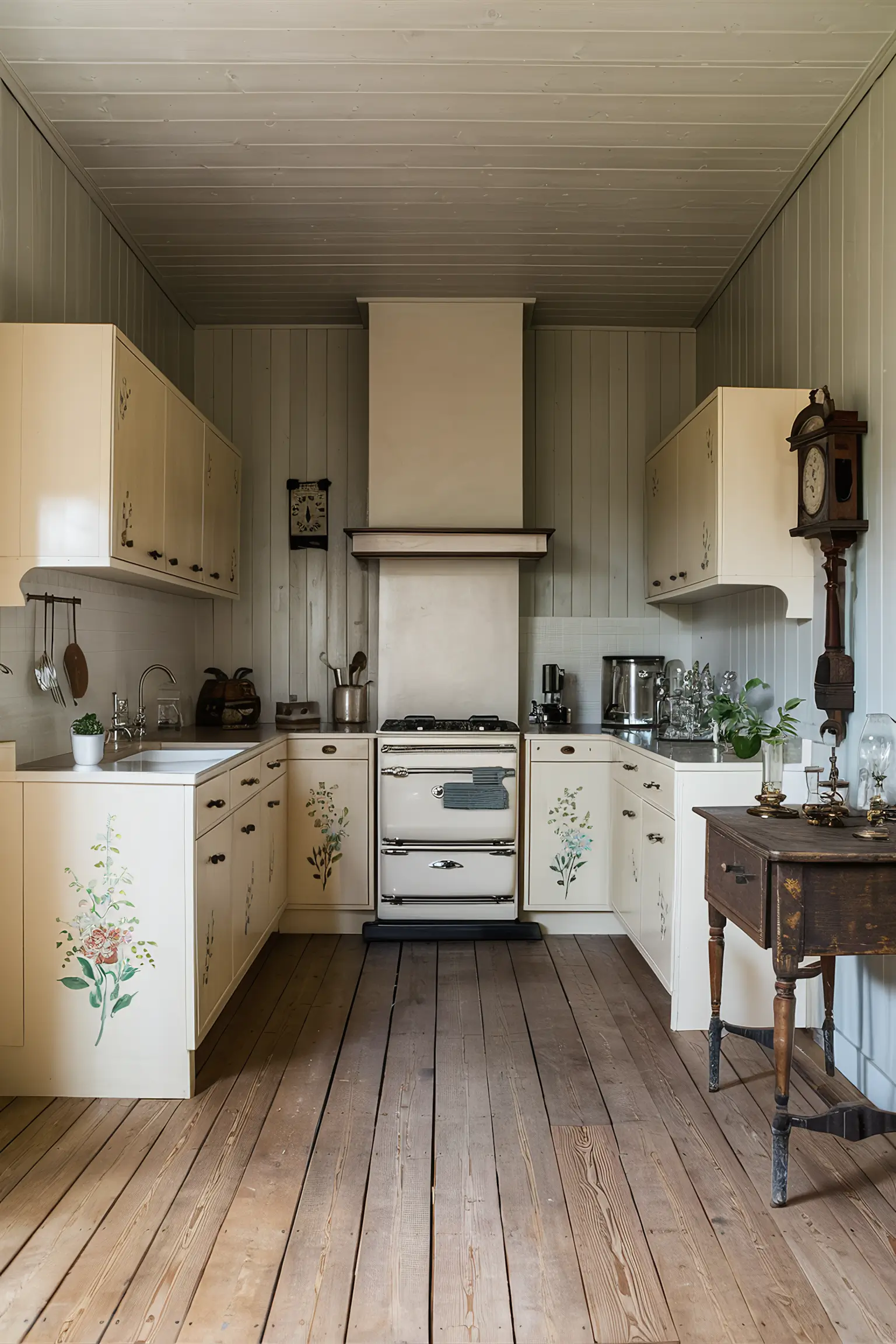 Minimalistic 1920s farmhouse kitchen with vintage appliances and antique decor.