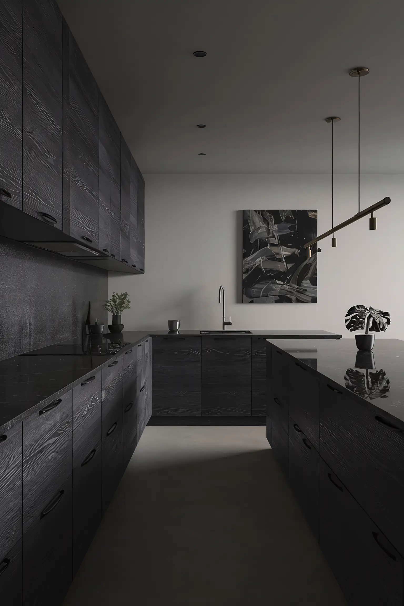 Elegant black kitchen with sleek cabinetry and polished countertops.