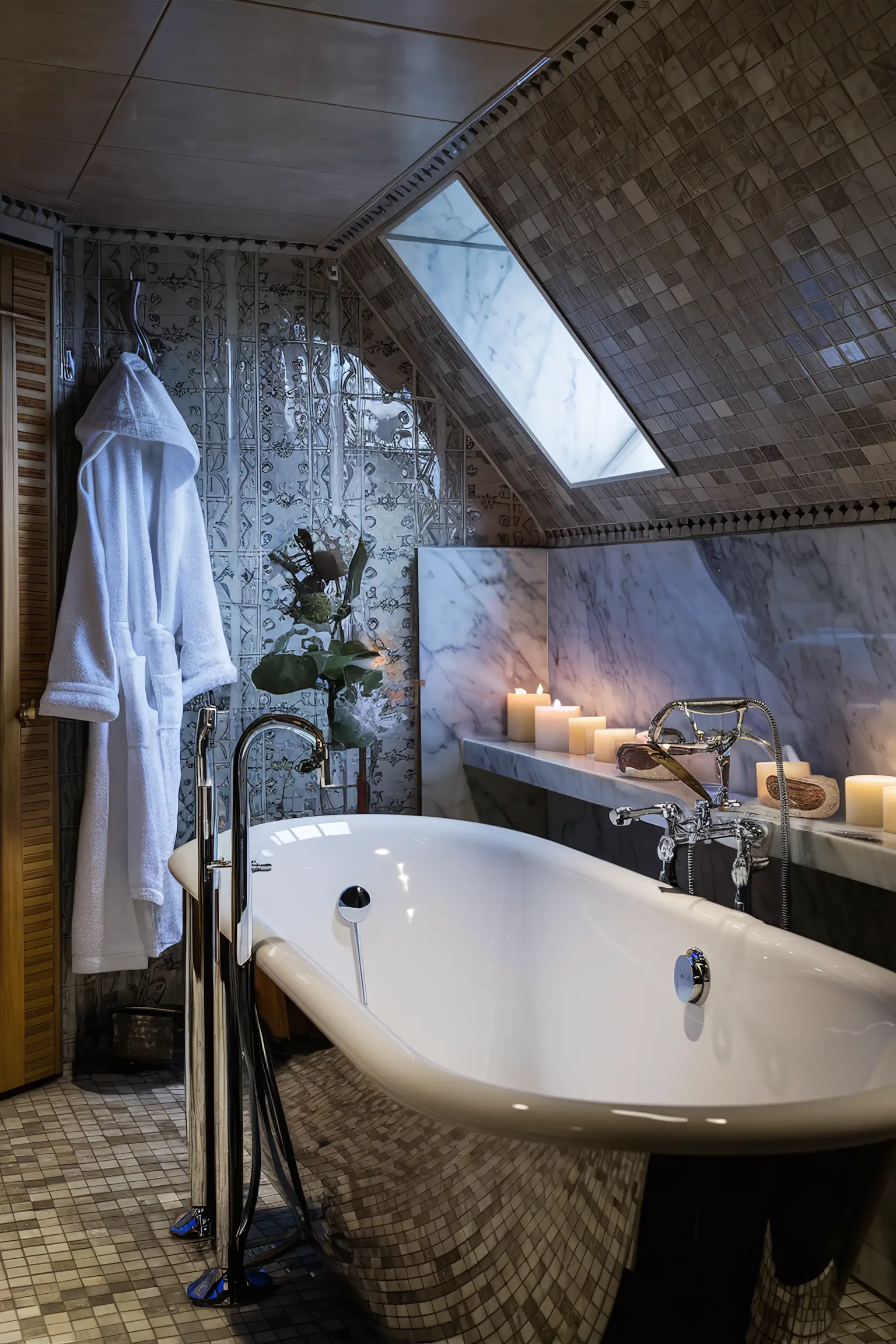 Luxurious basement bathroom with a stylish tub and modern fixtures.