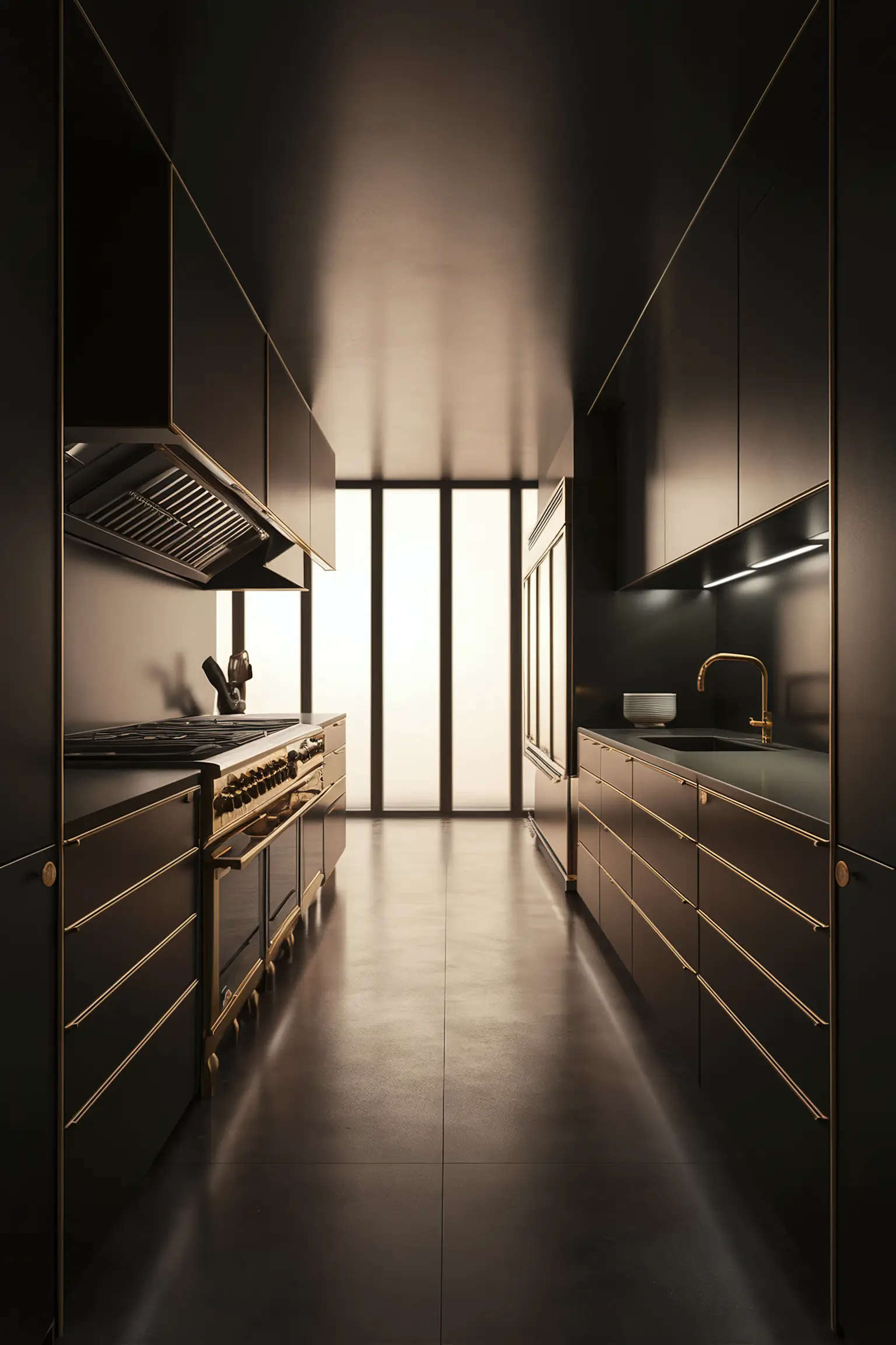 Luxurious black and gold kitchen with opulent finishes and high-end appliances.