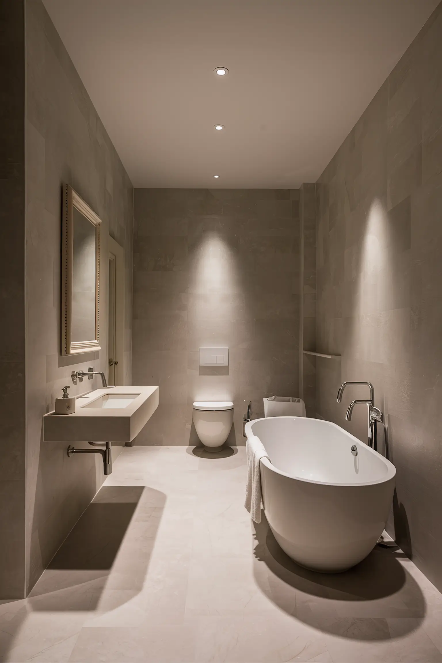 Master bathroom with sophisticated paint colors and luxurious fixtures.