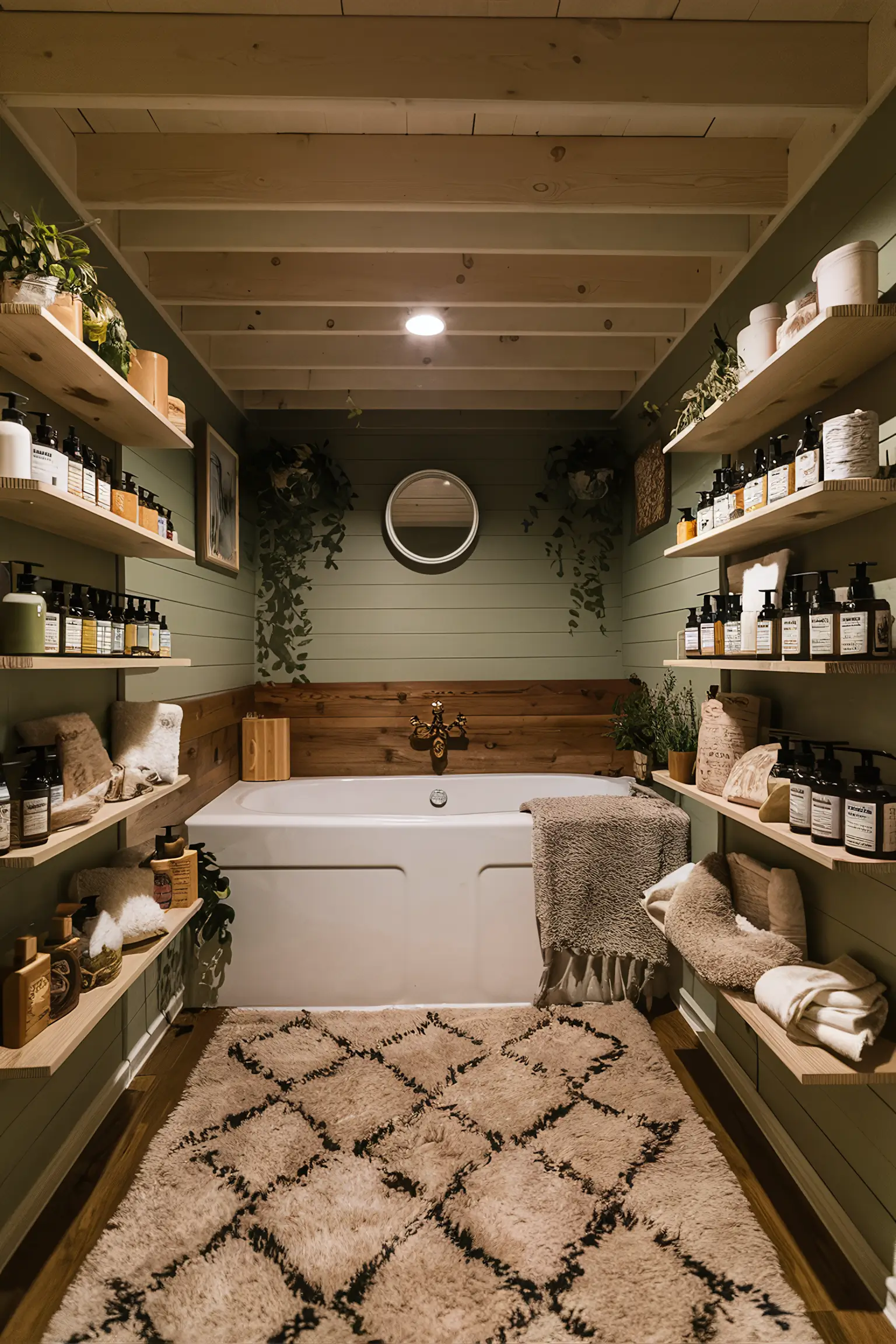 Cozy basement bathroom with budget-friendly decor and clever storage solutions.