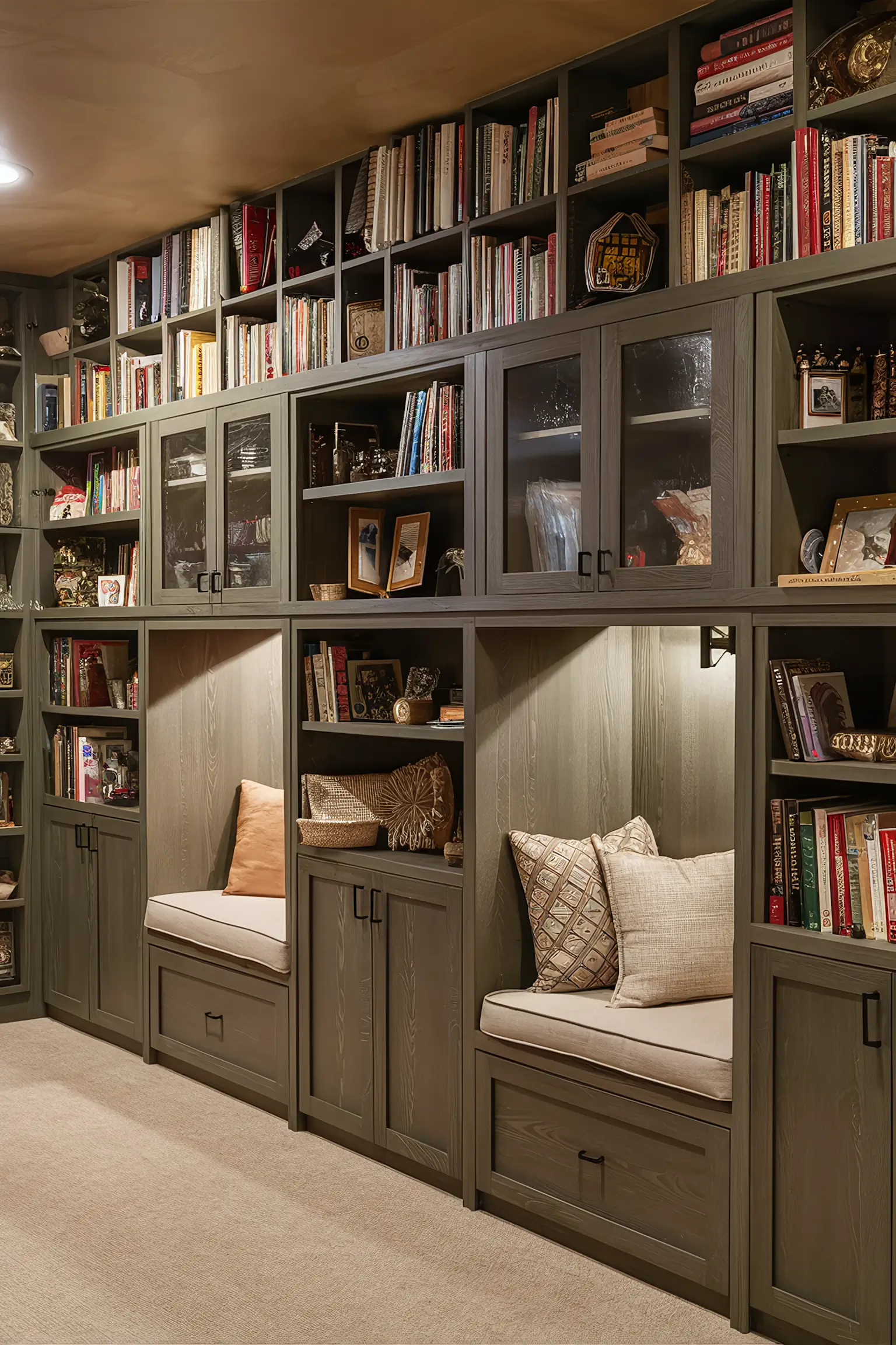 Basement with built-in shelves and compact cabinets in nooks.