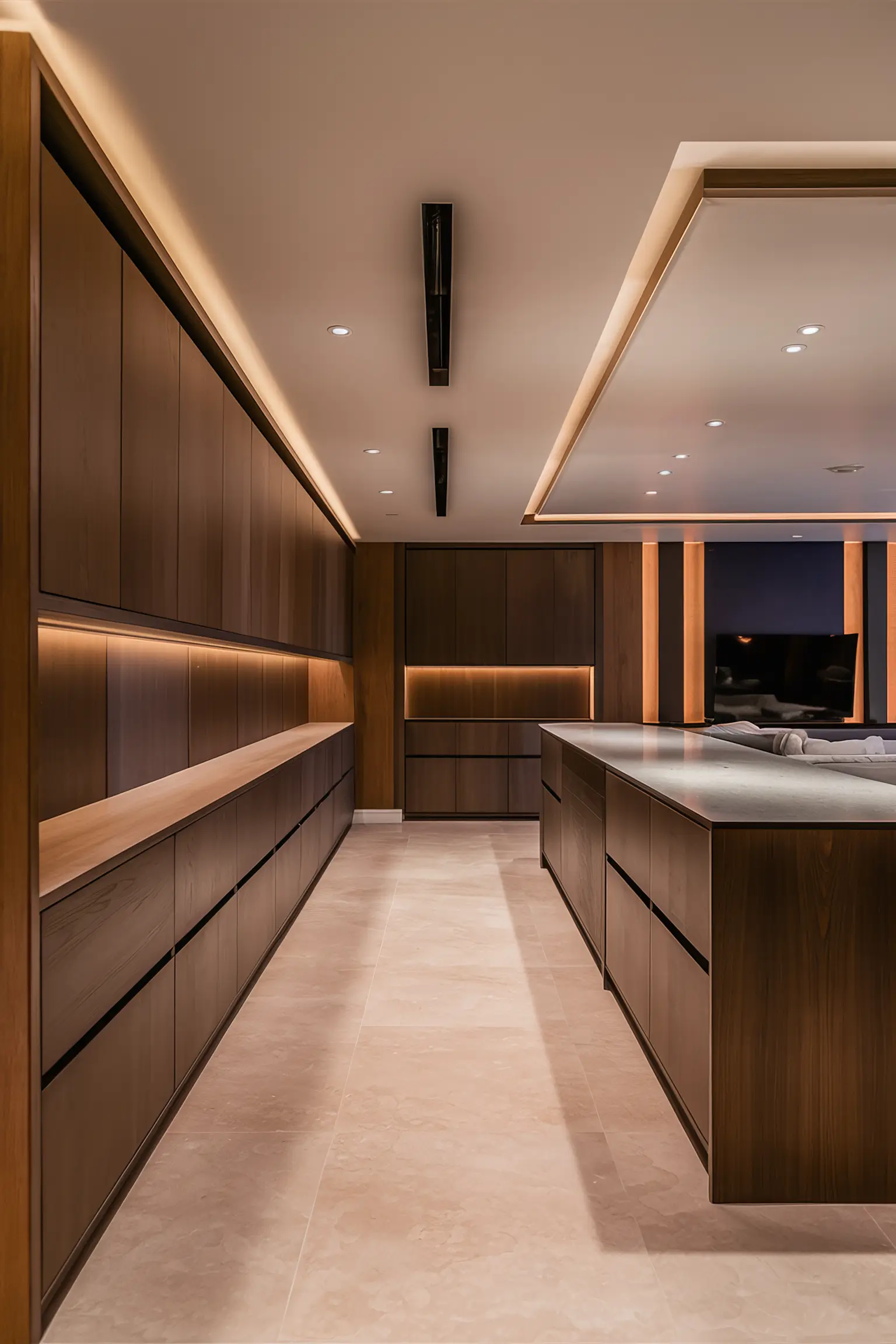 Basement with sleek storage cabinets providing hidden storage space.
