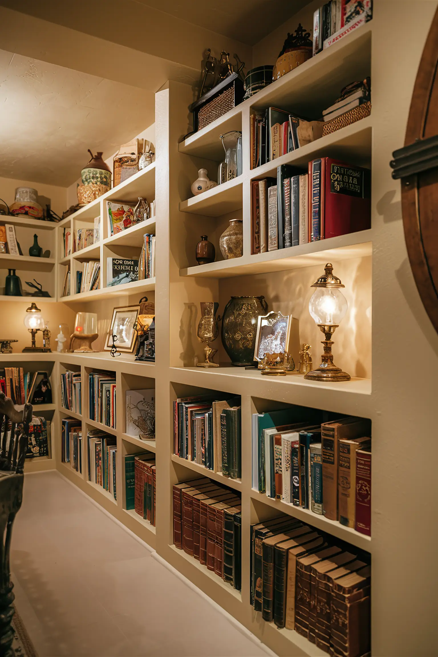 Basement with stylish storage shelves filled with various items.