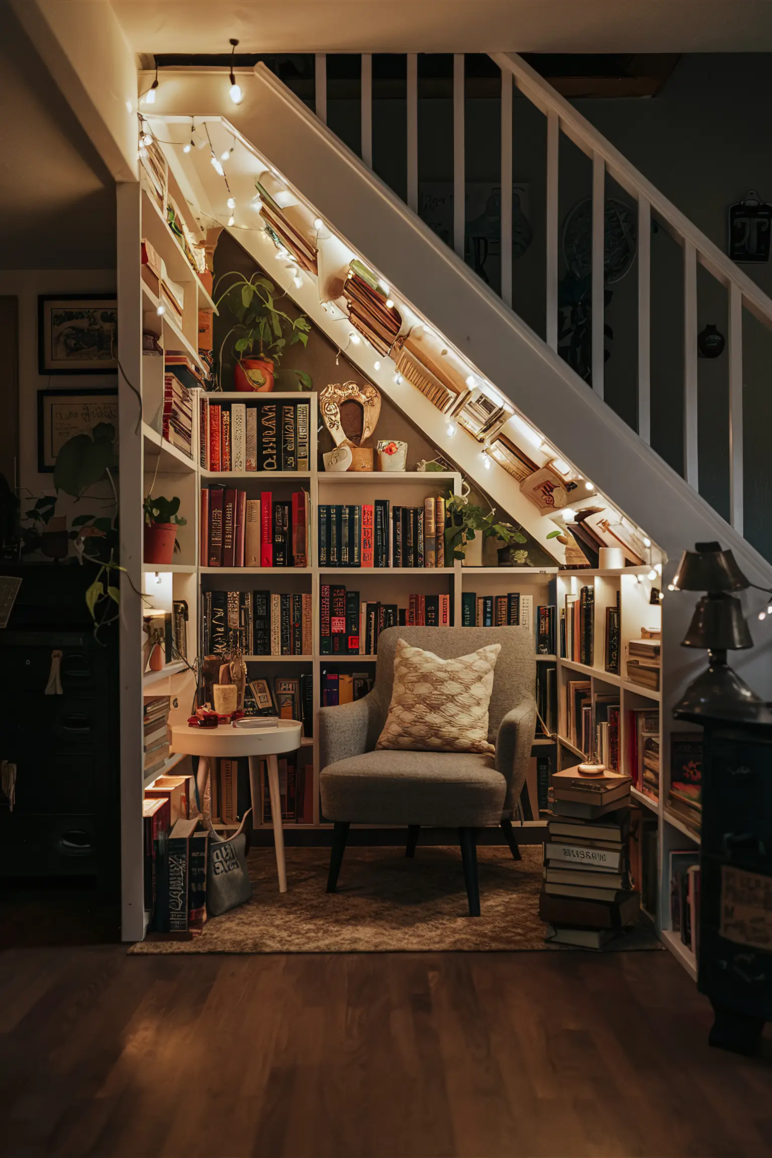 Basement with creatively utilized under-stair storage.