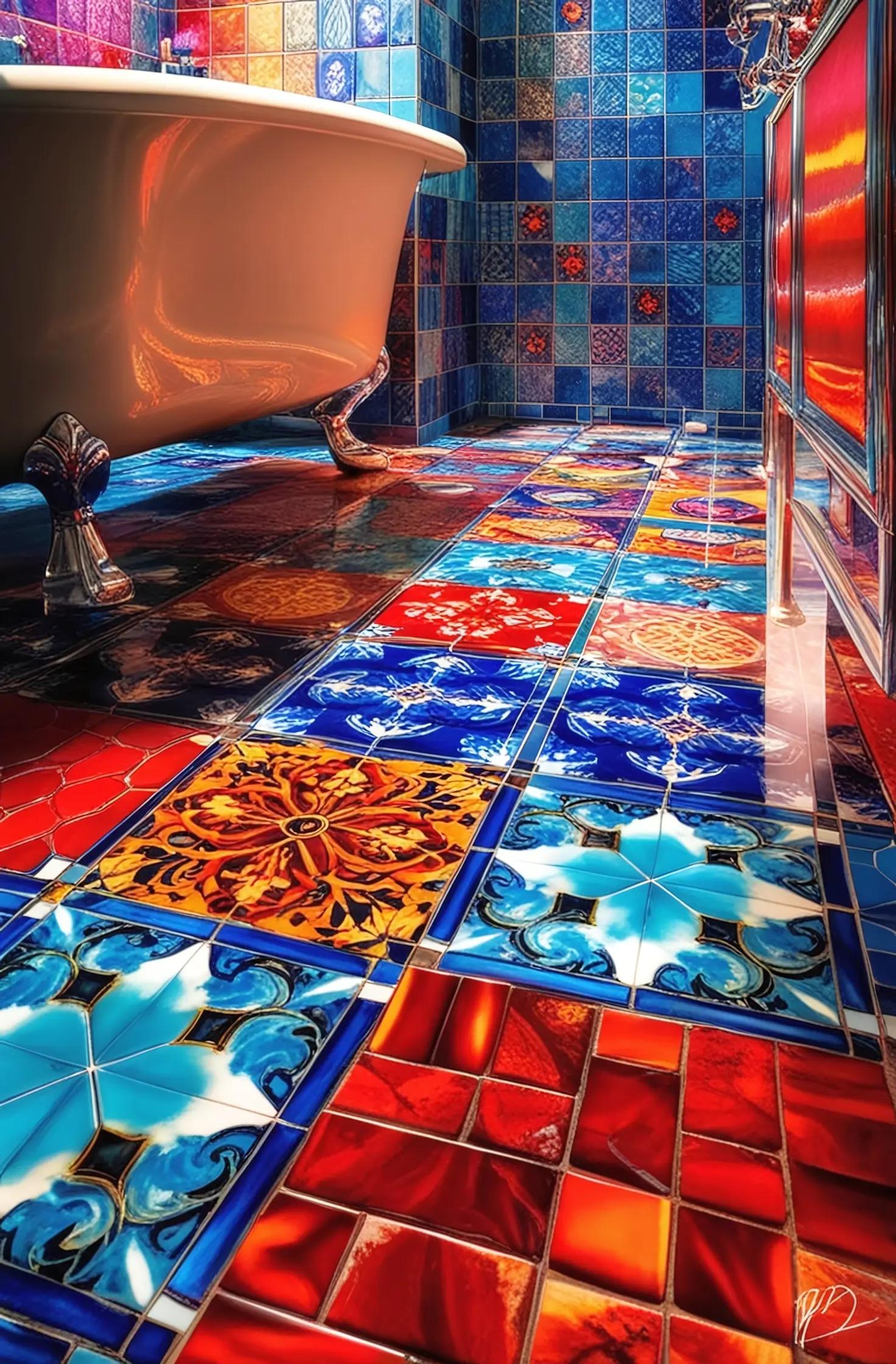 Bathroom with floor tiles in various vibrant color schemes.