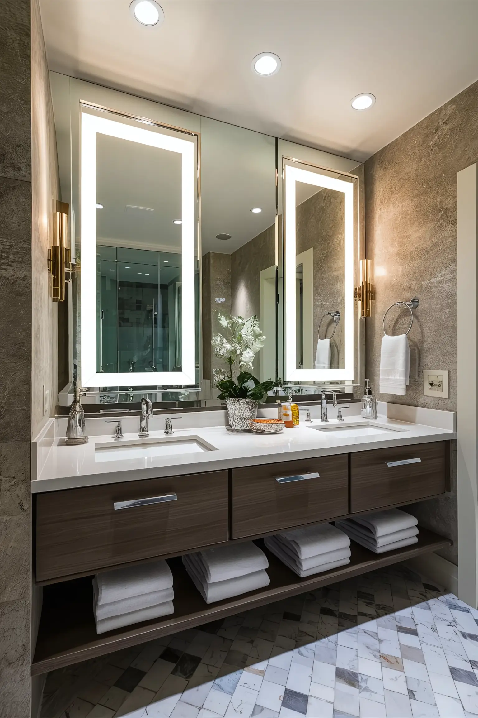 Modern bathroom vanity with chic, bright vanity lighting fixtures reflecting in a stylish mirror.