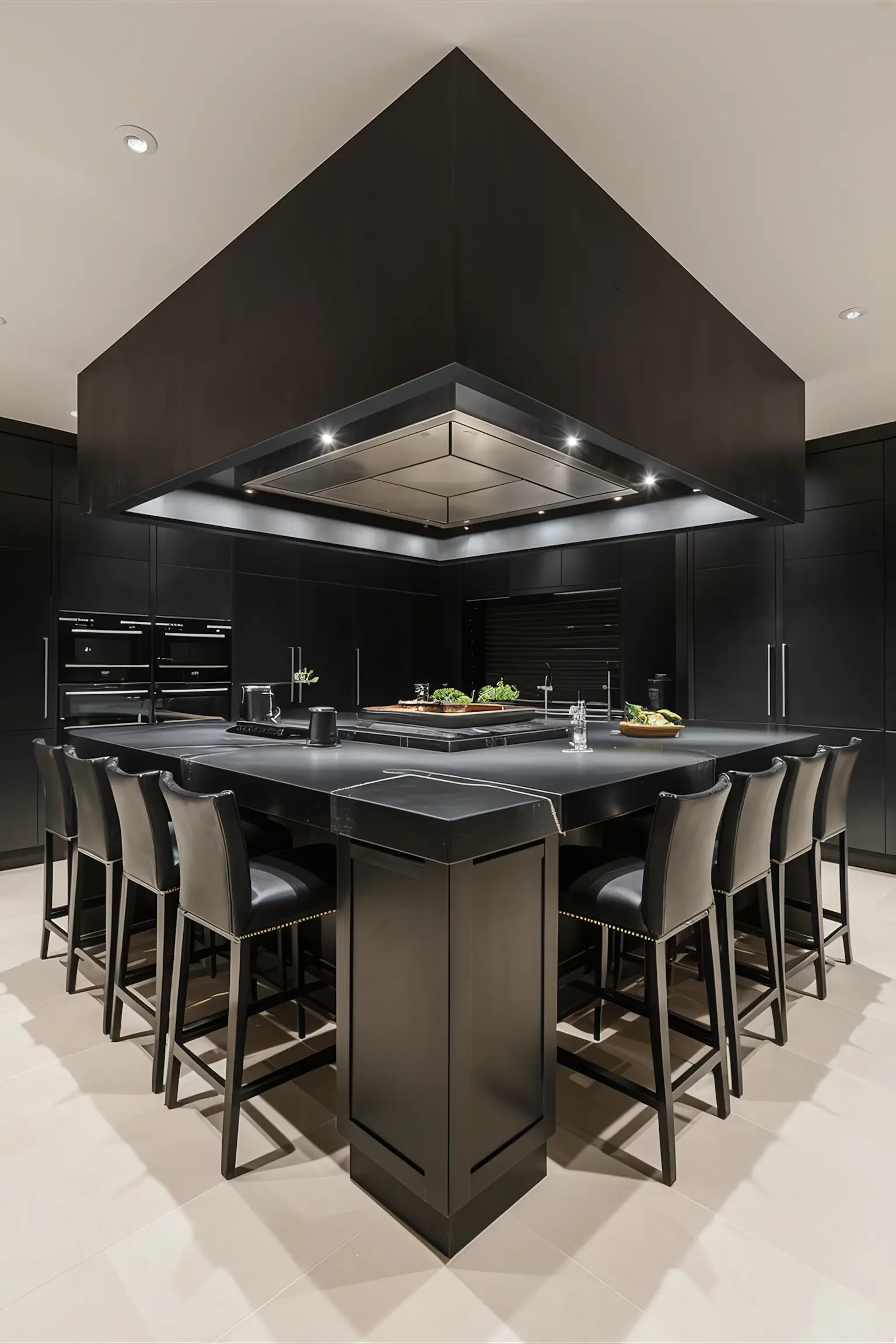 Black kitchen with a large central island featuring seating, storage, and a built-in sink.