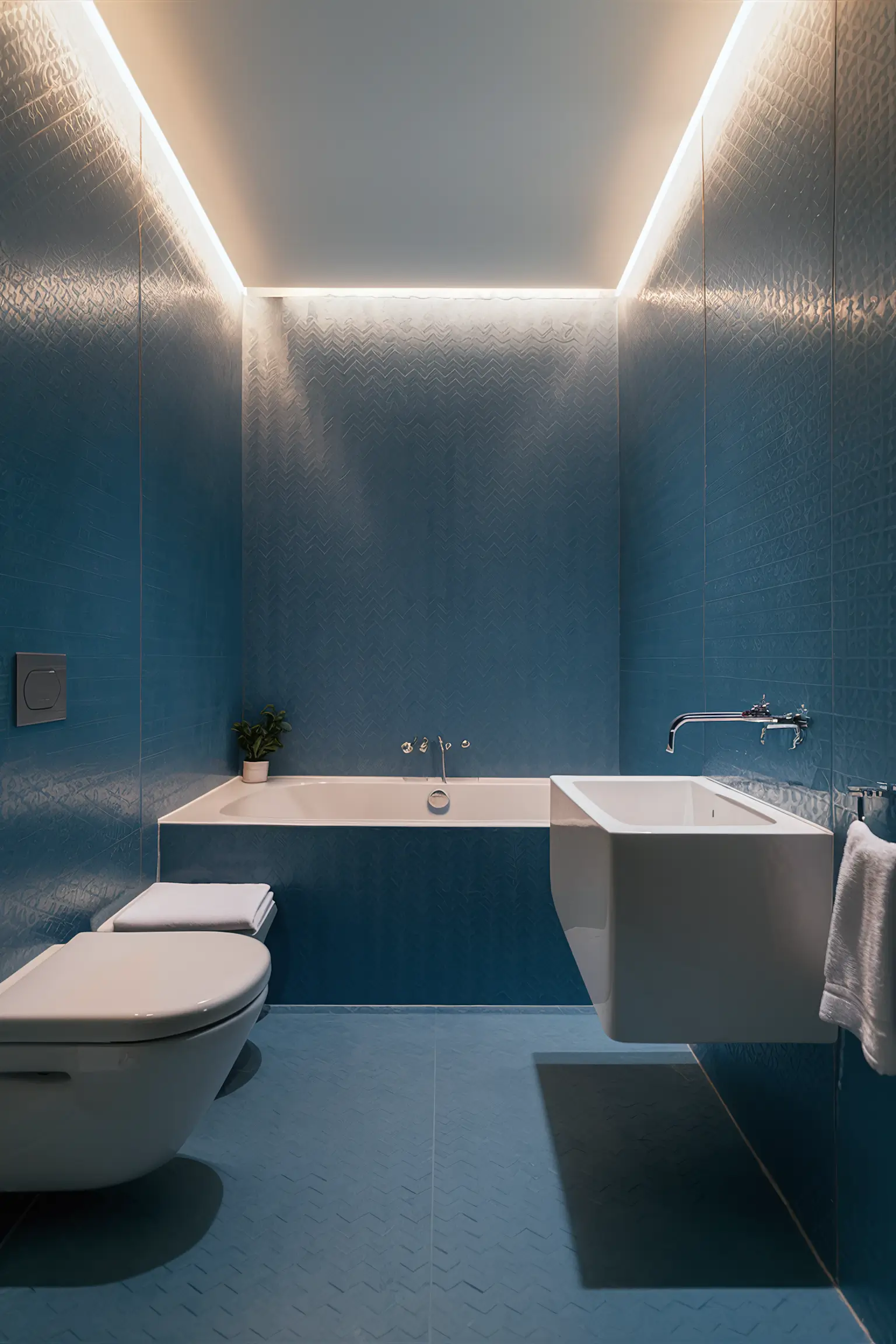 Bathroom with blue walls in various shades and nautical decor.