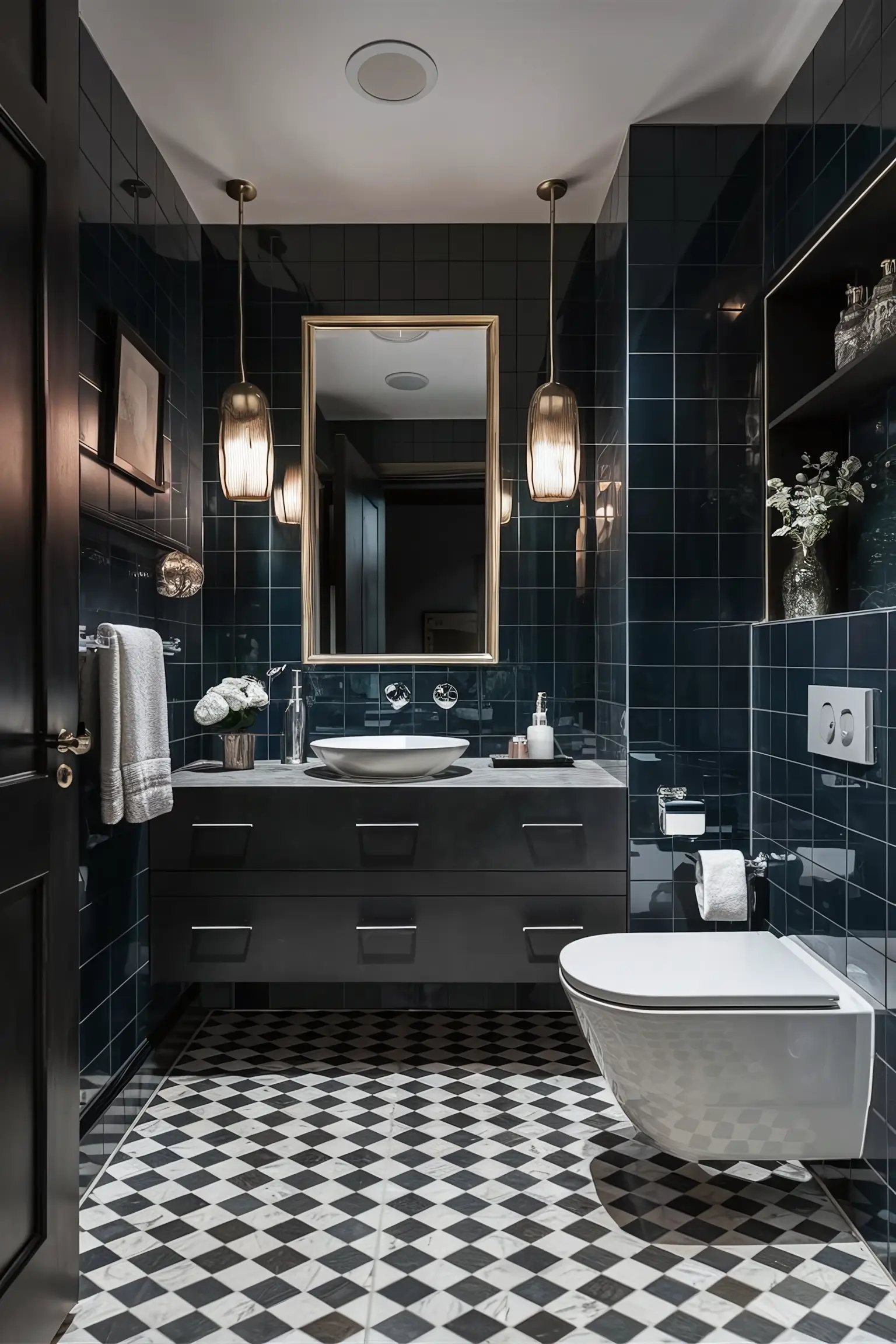 Black-themed bathroom with bold black decor and sleek fixtures.