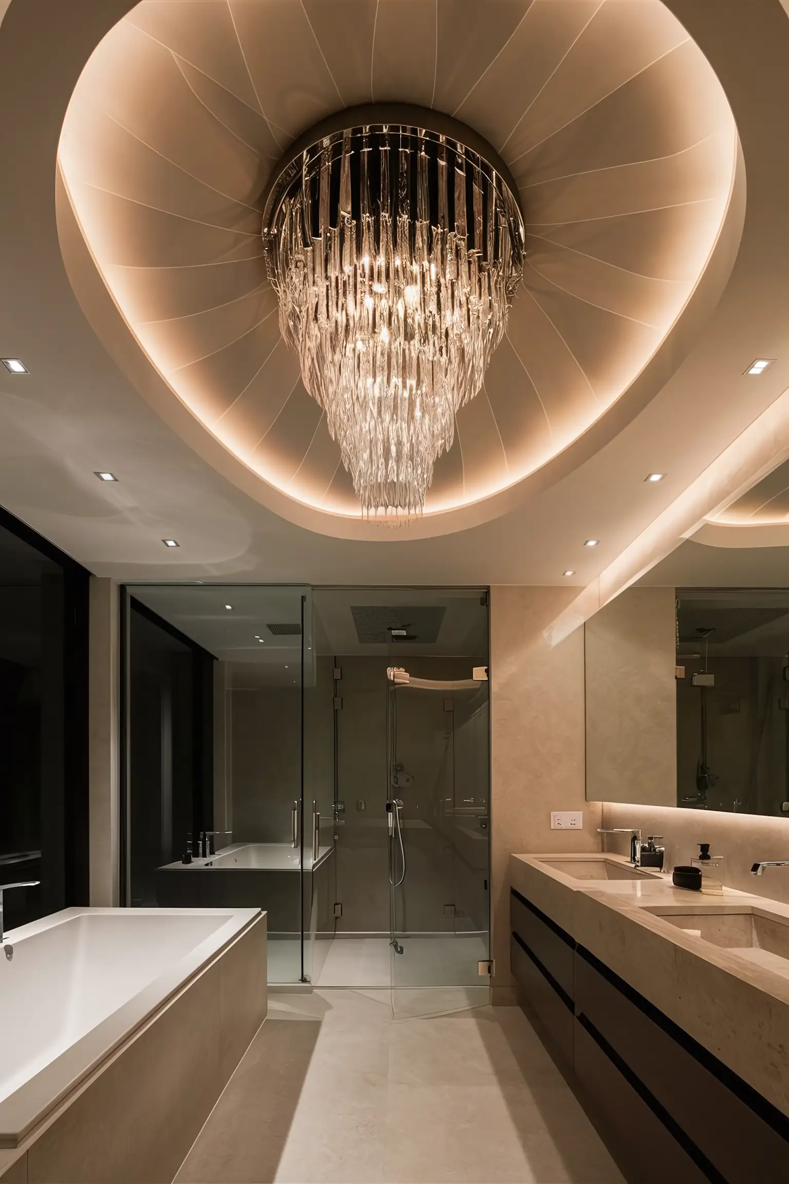 Bathroom with innovative ceiling lighting including recessed lights and a statement chandelier.