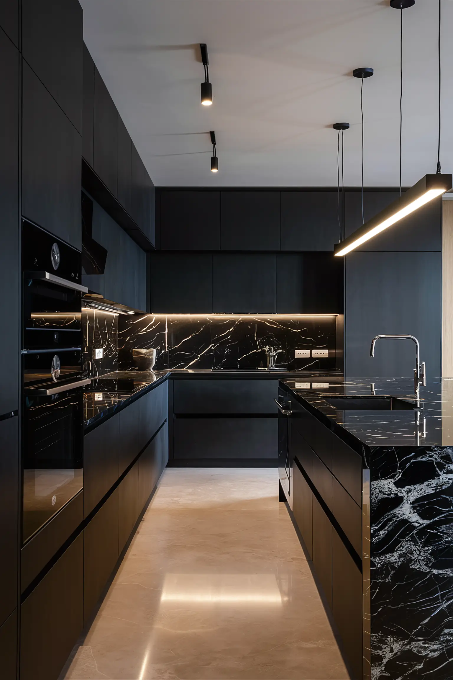 Chic black kitchen with sleek cabinetry, marble countertops, and modern lighting.