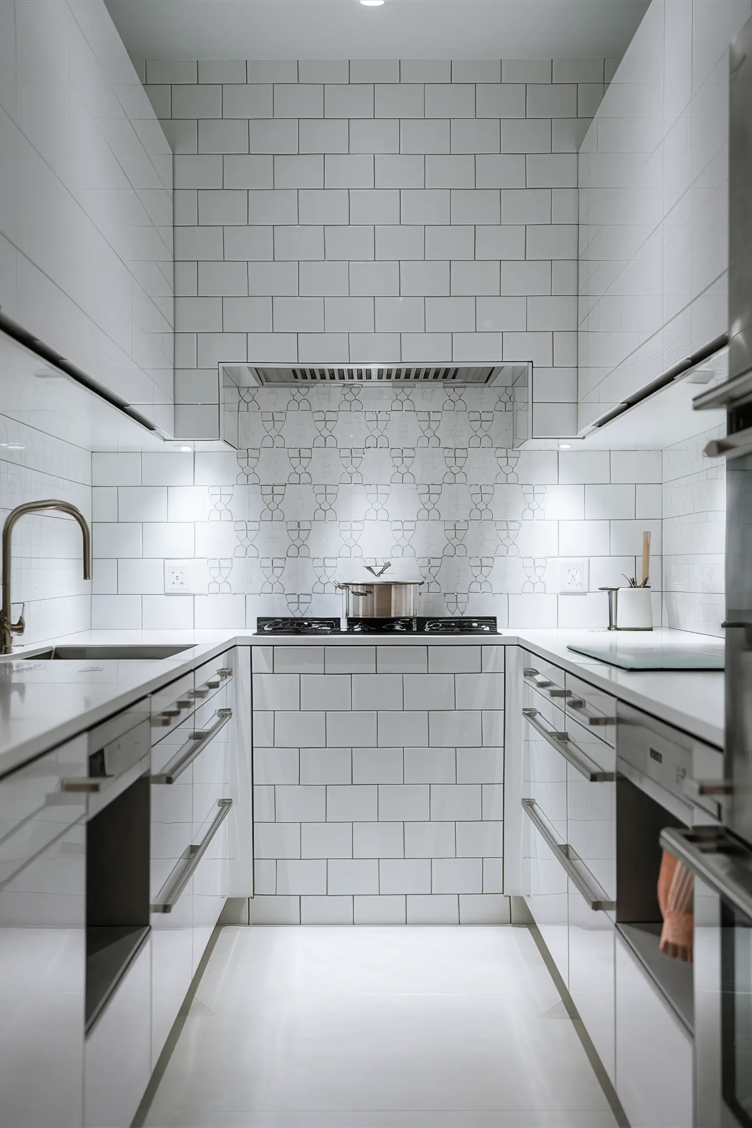 Minimalistic white kitchen with a chic white subway tile backsplash.