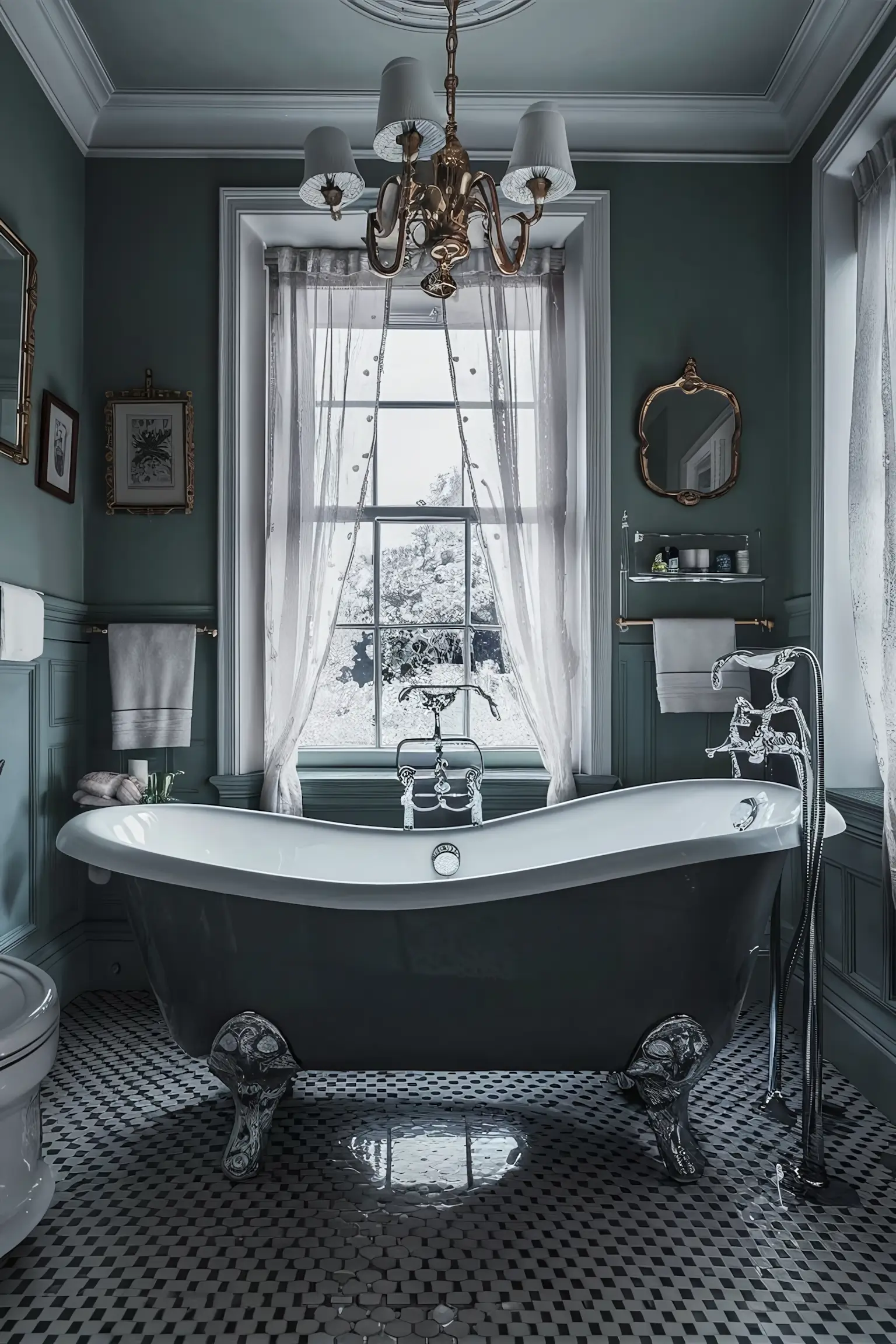 Traditional bathroom with classic design elements, including a vintage bathtub and elegant fixtures.