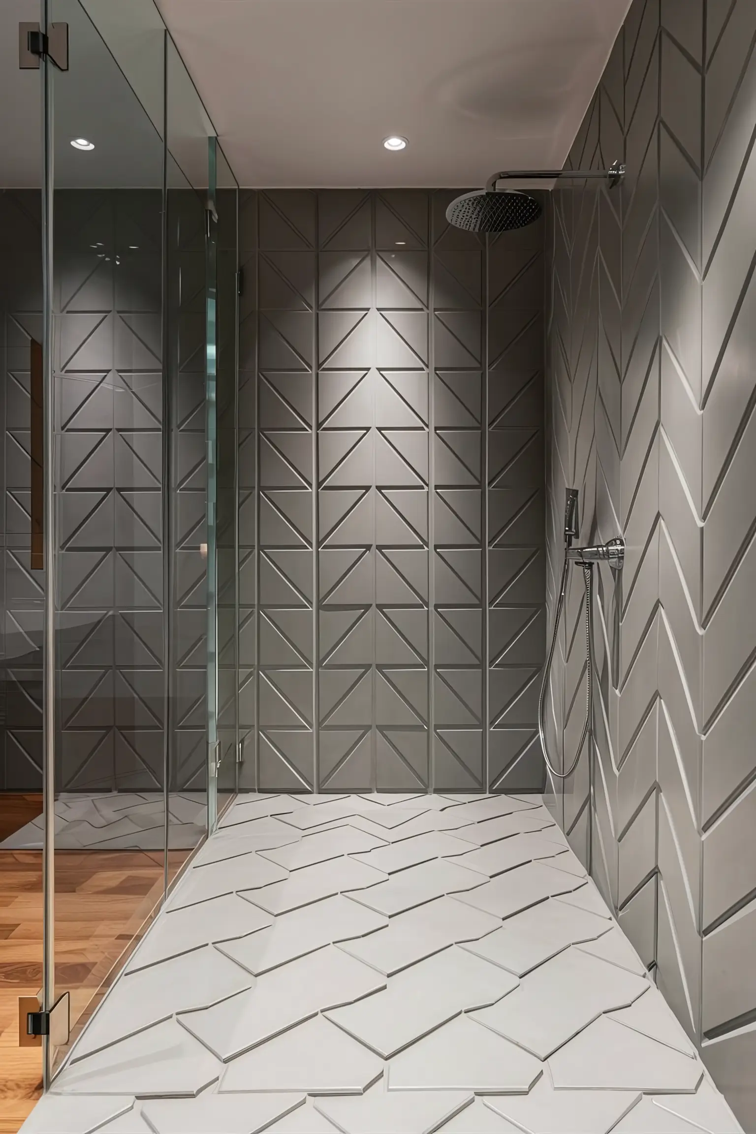 Bathroom with coordinated floor and shower tiles creating a seamless look