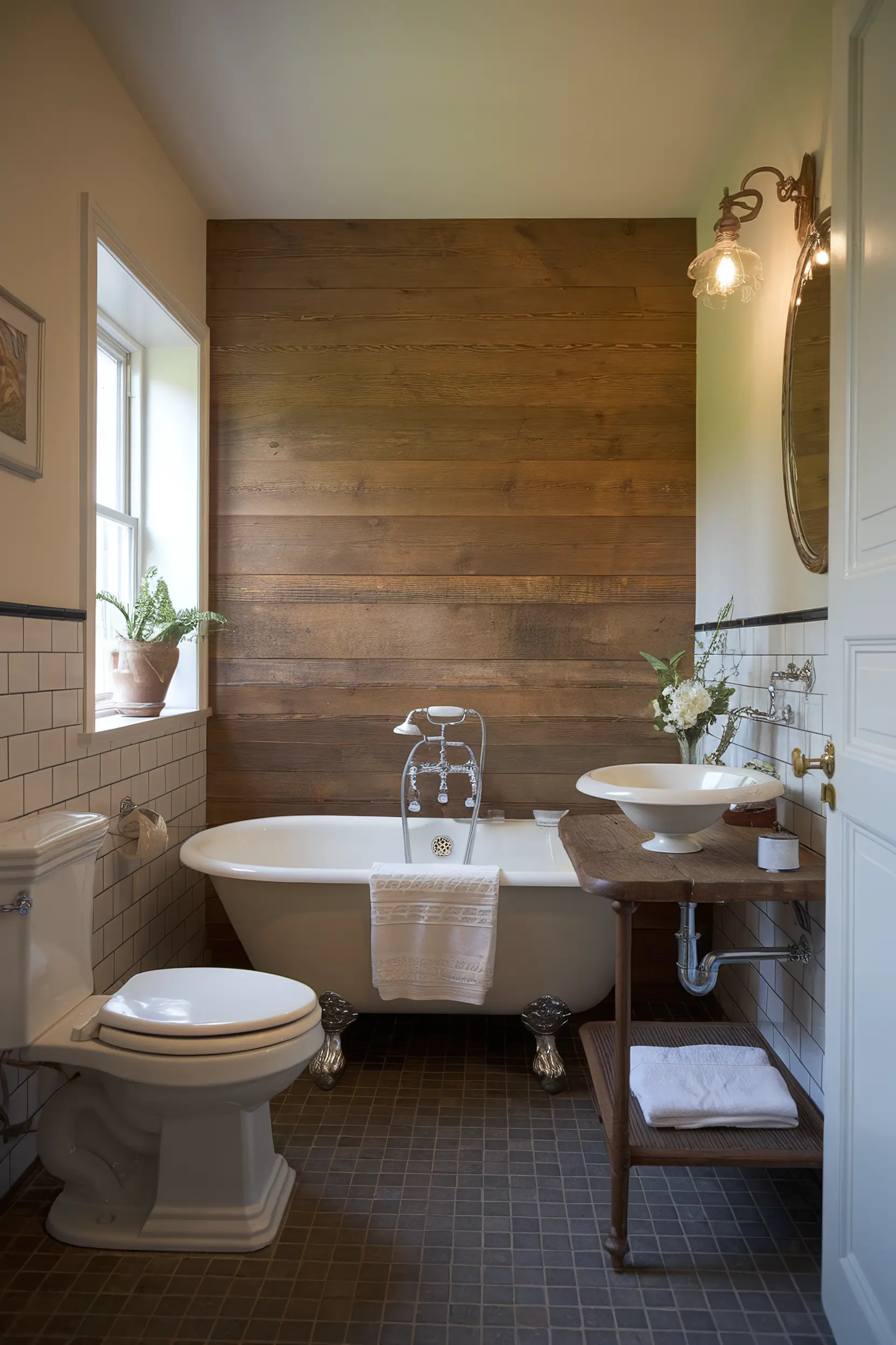 Cozy small luxury bathroom with cottage-style decor, warm wood accents, and vintage-inspired fixtures.