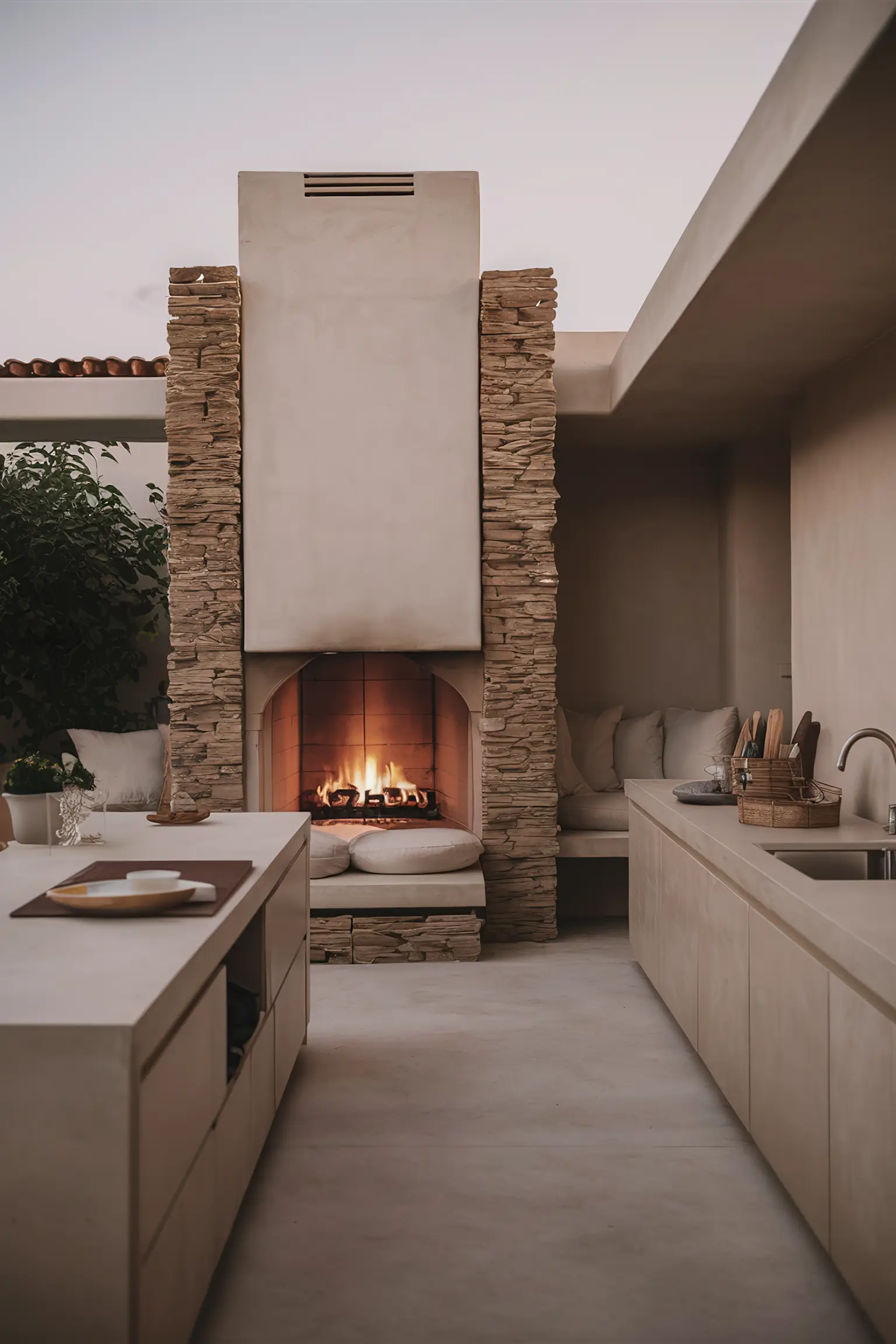 Backyard kitchen with cozy fireplace and seating area.