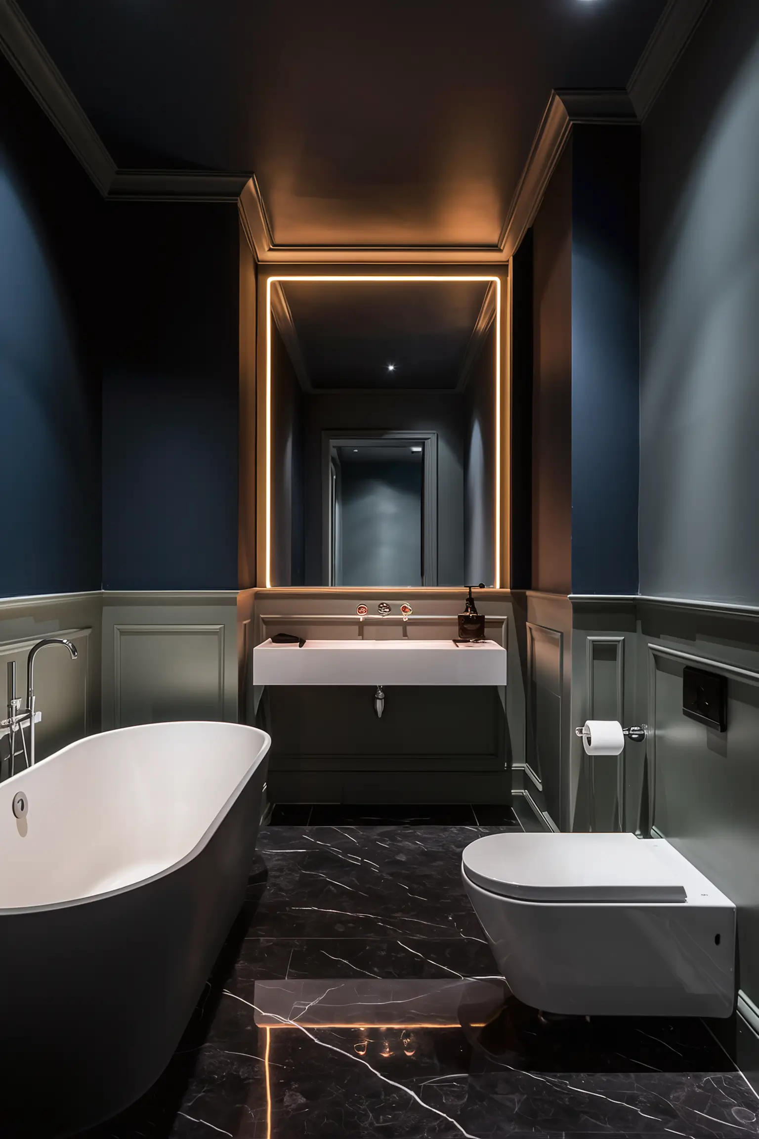 Bathroom with dark paint colors and contrasting white fixtures.