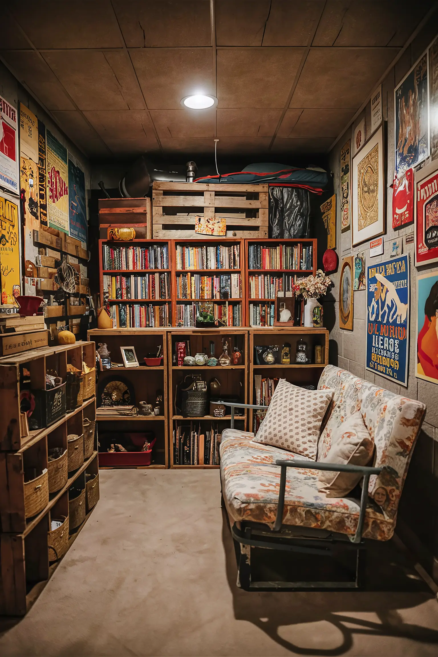 Basement with DIY storage solutions and repurposed furniture.
