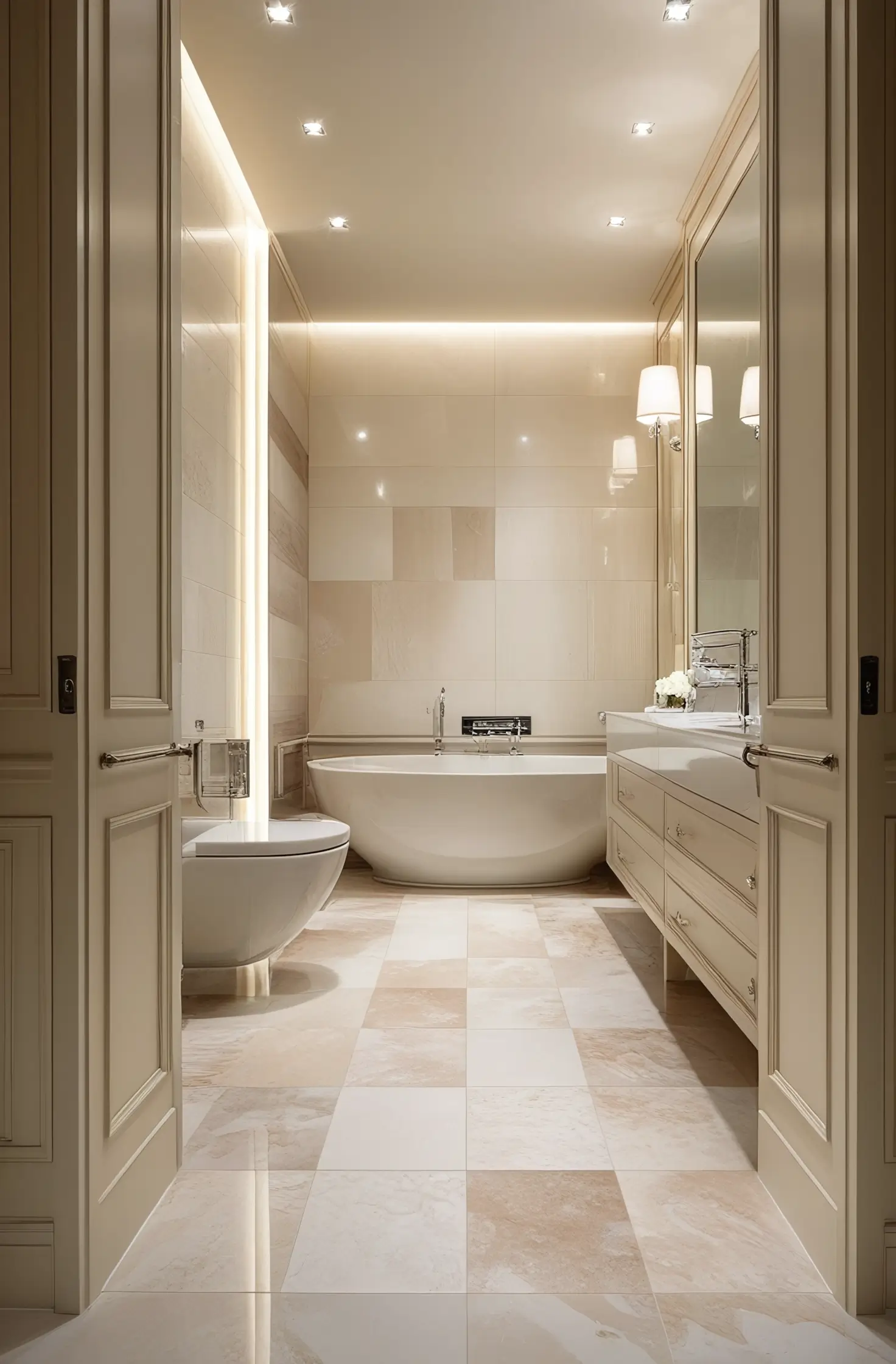 Bathroom with floor tiles in neutral tones featuring sleek and elegant designs.