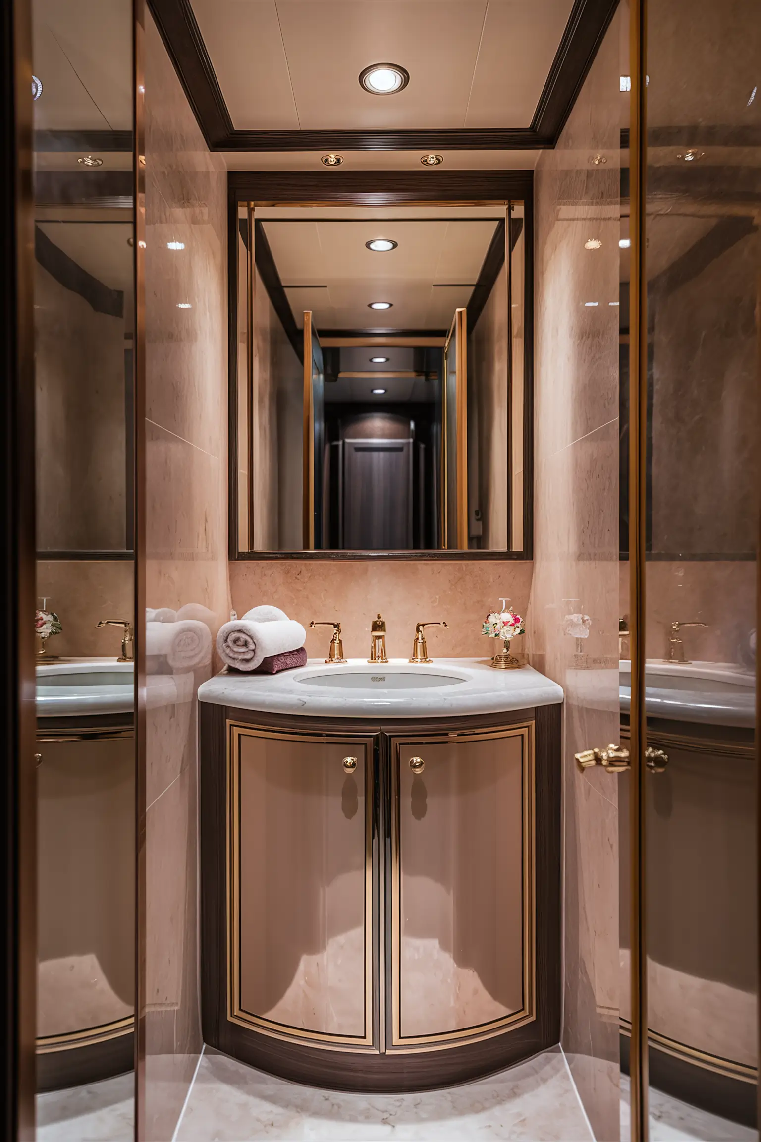 Small luxury bathroom with elegant decor, including a chic vanity and stylish mirror.