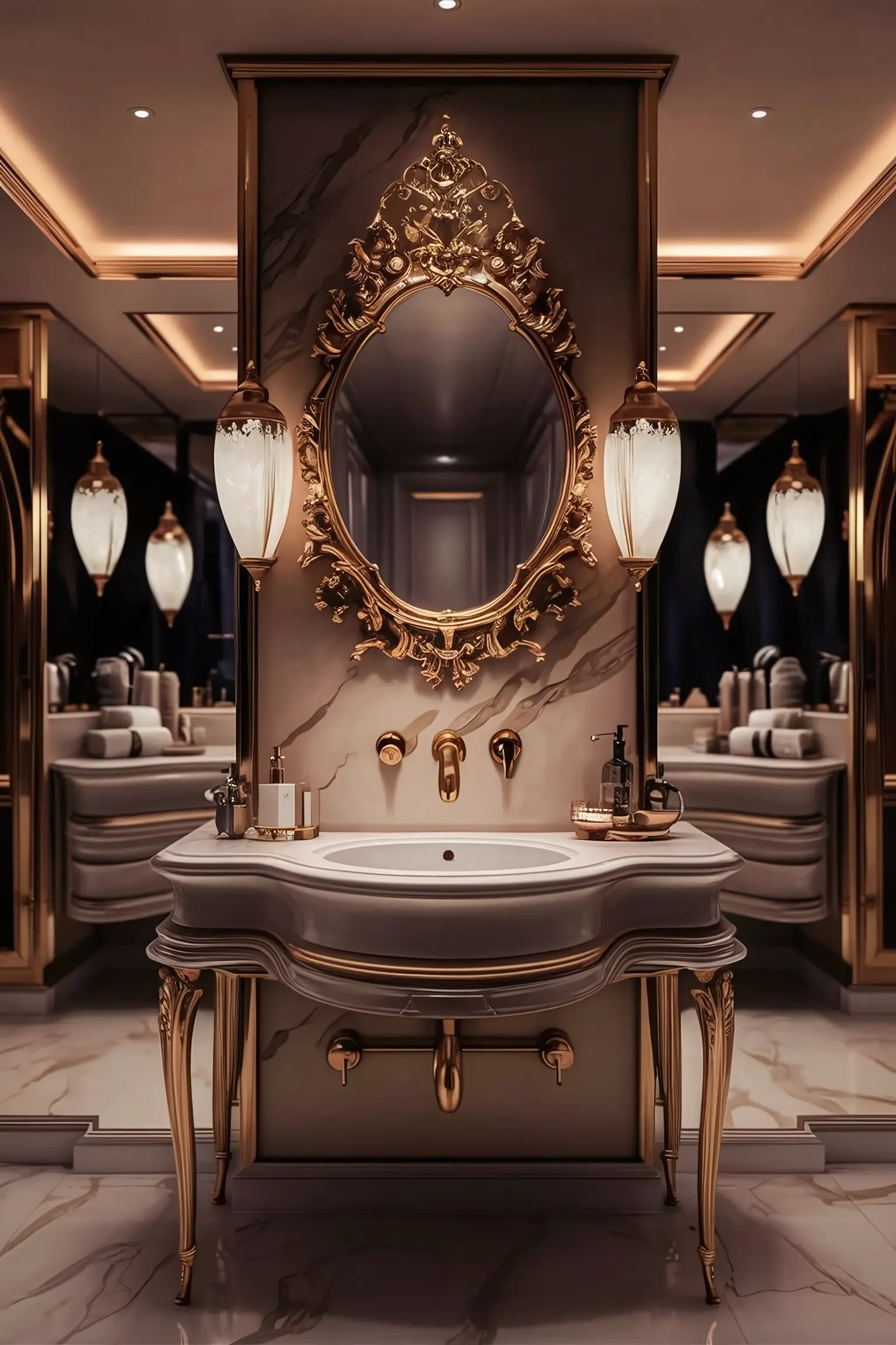 Small luxury bathroom with elegant decor, including a chic vanity and stylish mirror.