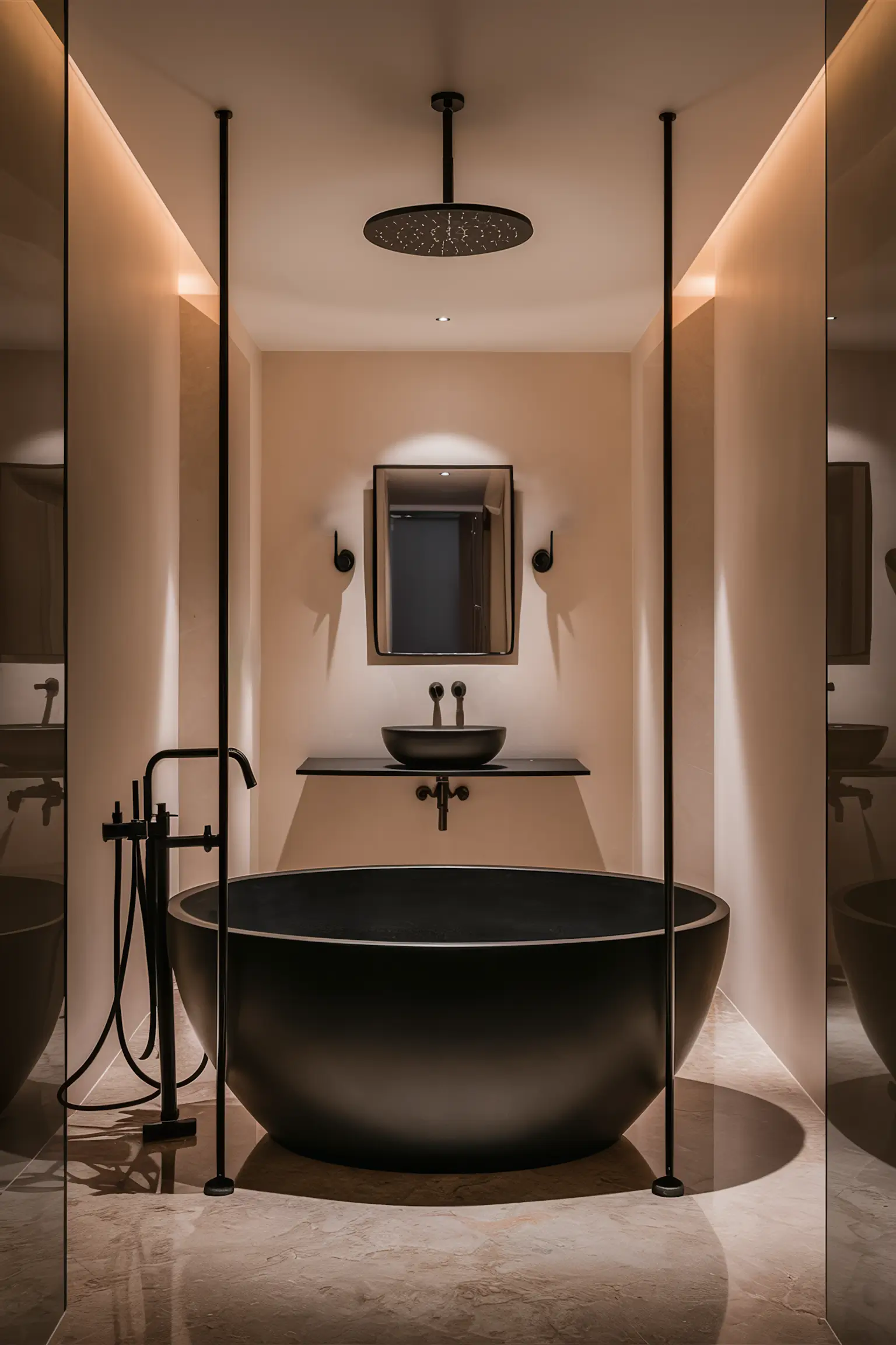 Sleek, modern small bathroom with luxury finishes like matte black fixtures and marble surfaces.
