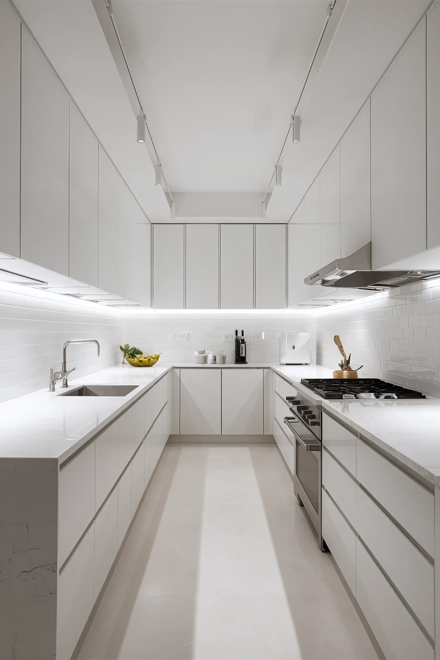 Minimalistic white kitchen with elegant white marble countertops.